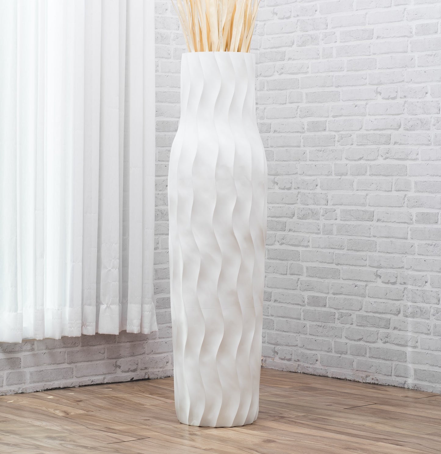 Large Mango Wood Floor Vase – Handcrafted Decorative Highlight from Thailand, white, 105 cm