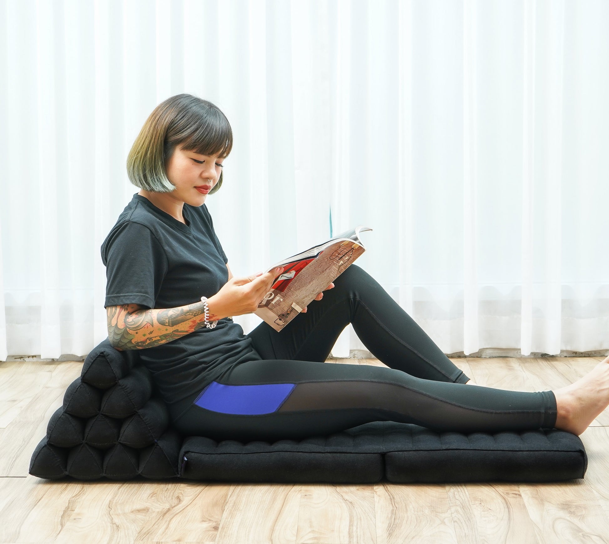 Thai Folding Mat with Triangle Cushion – Handmade Kapok Relax Mat for Sleeping, Reading & Lounging, Cl02 - Black, 2 seating segments