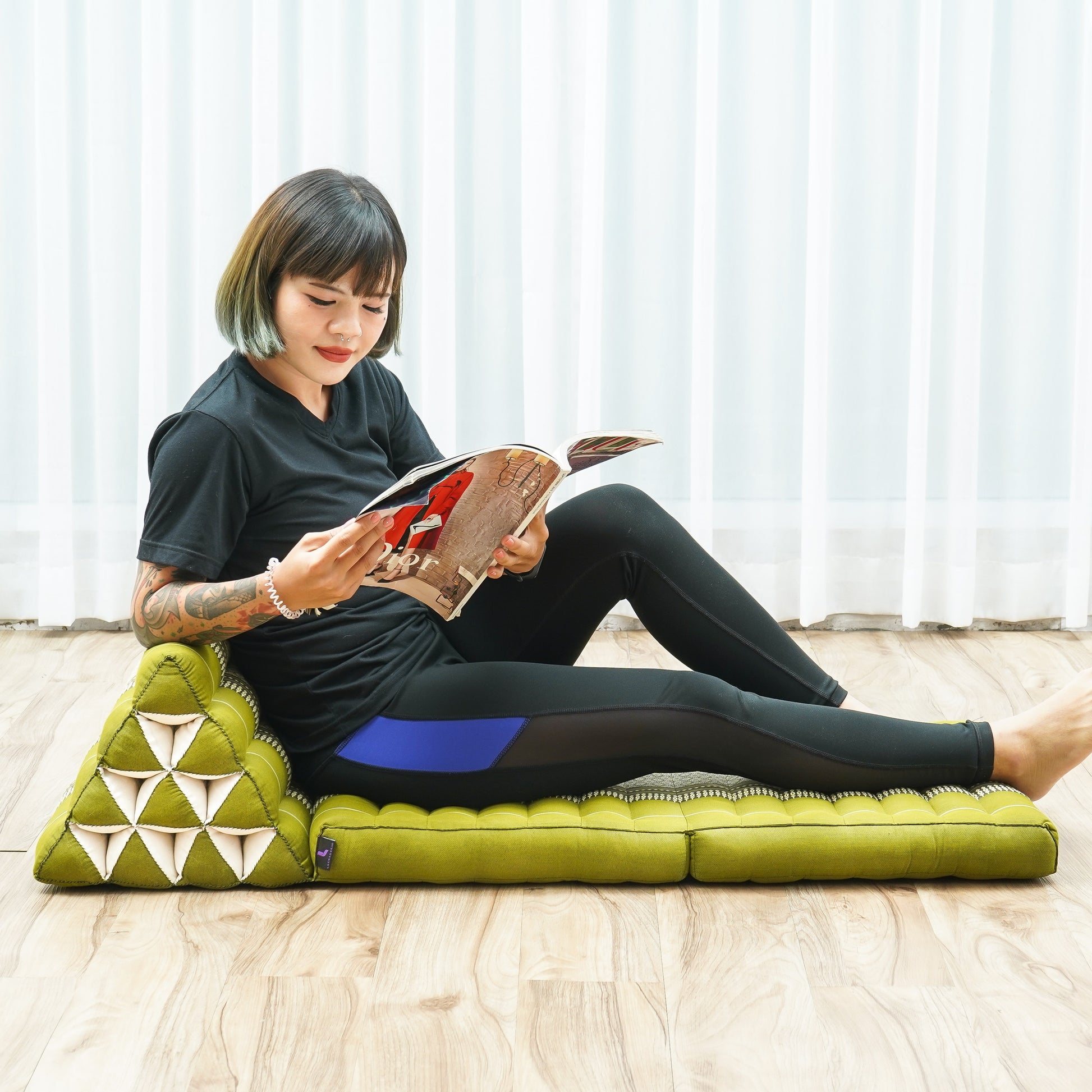 Thai Folding Mat with Triangle Cushion – Handmade Kapok Relax Mat for Sleeping, Reading & Lounging, Sf17 - Green, 2 seating segments