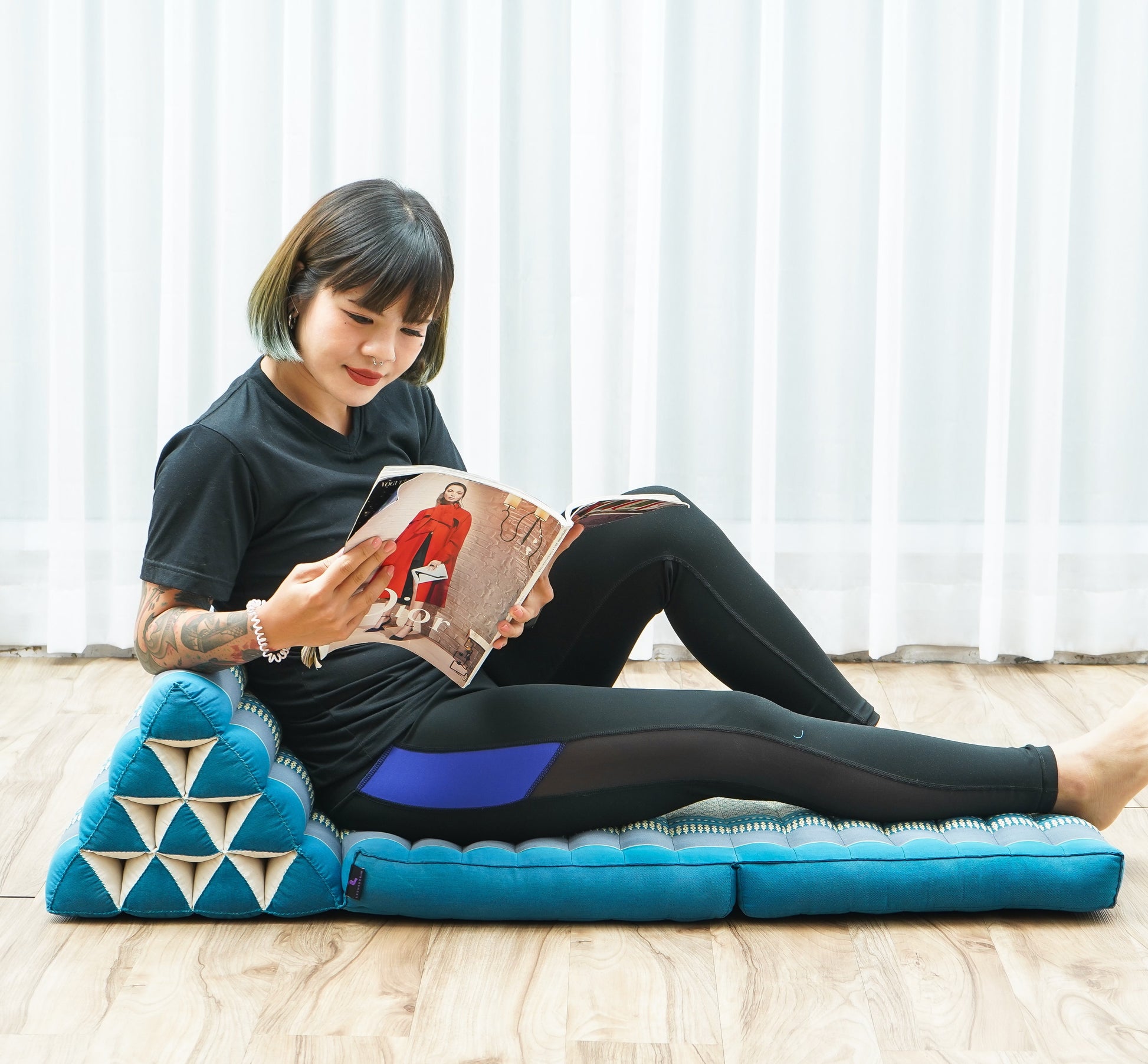 Thai Folding Mat with Triangle Cushion – Handmade Kapok Relax Mat for Sleeping, Reading & Lounging, Sf22 - Blue, 2 seating segments