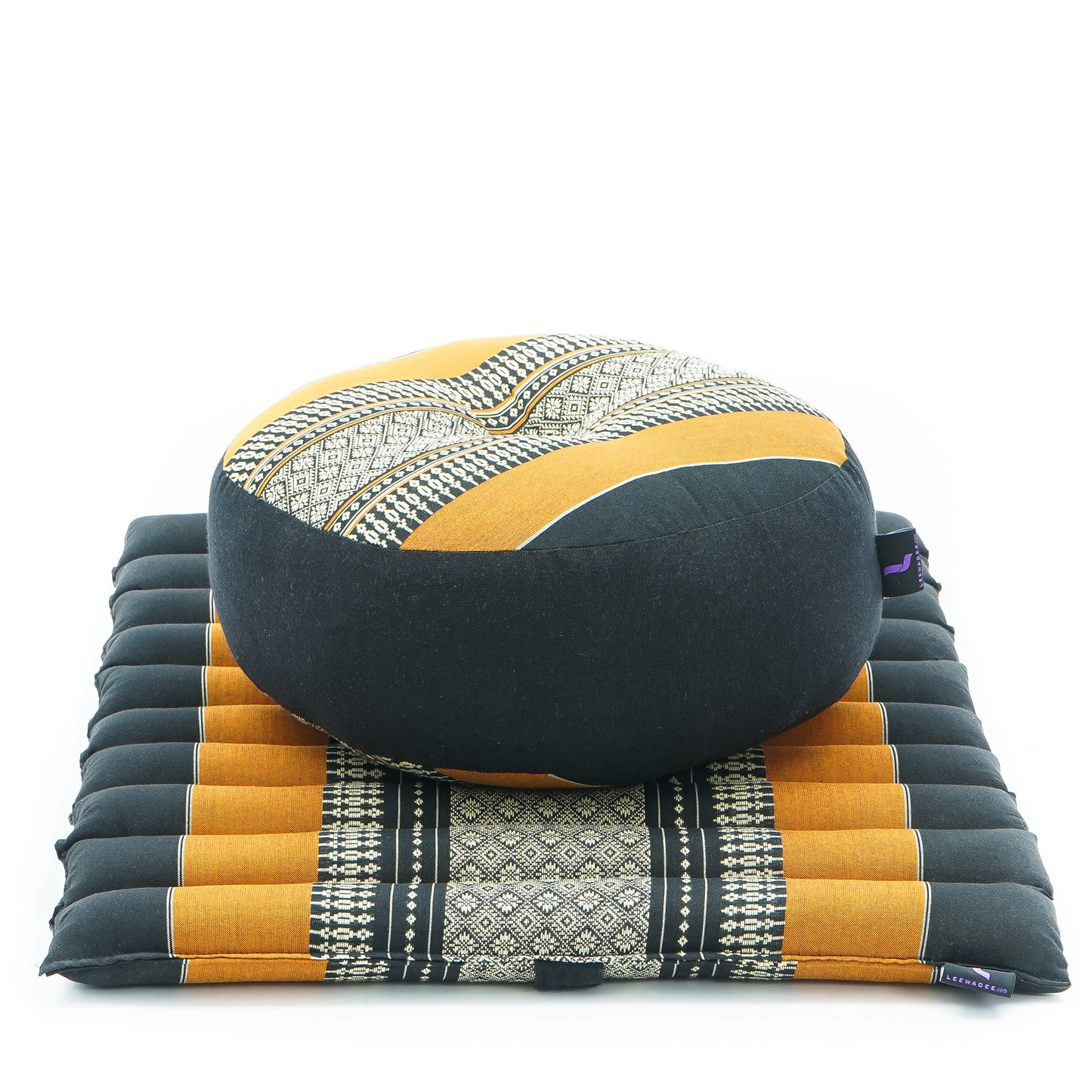 Compact Meditation Cushion Set Made of Kapok – Small Zabuton & Zafu with Cotton Cover, Sf03 - Black, Orange