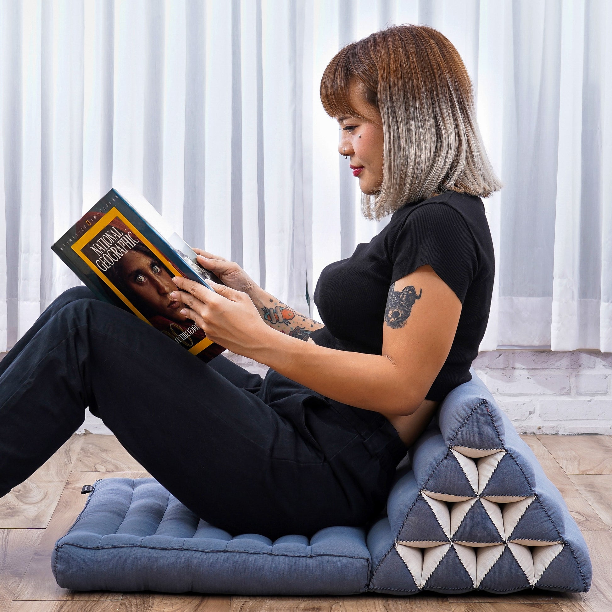 Triangular Kapok Backrest Cushion – Firm Thai Reading Pillow with Cotton Cover in Plain or Patterned Designs, Cl13 - Grey, 1 seating segment