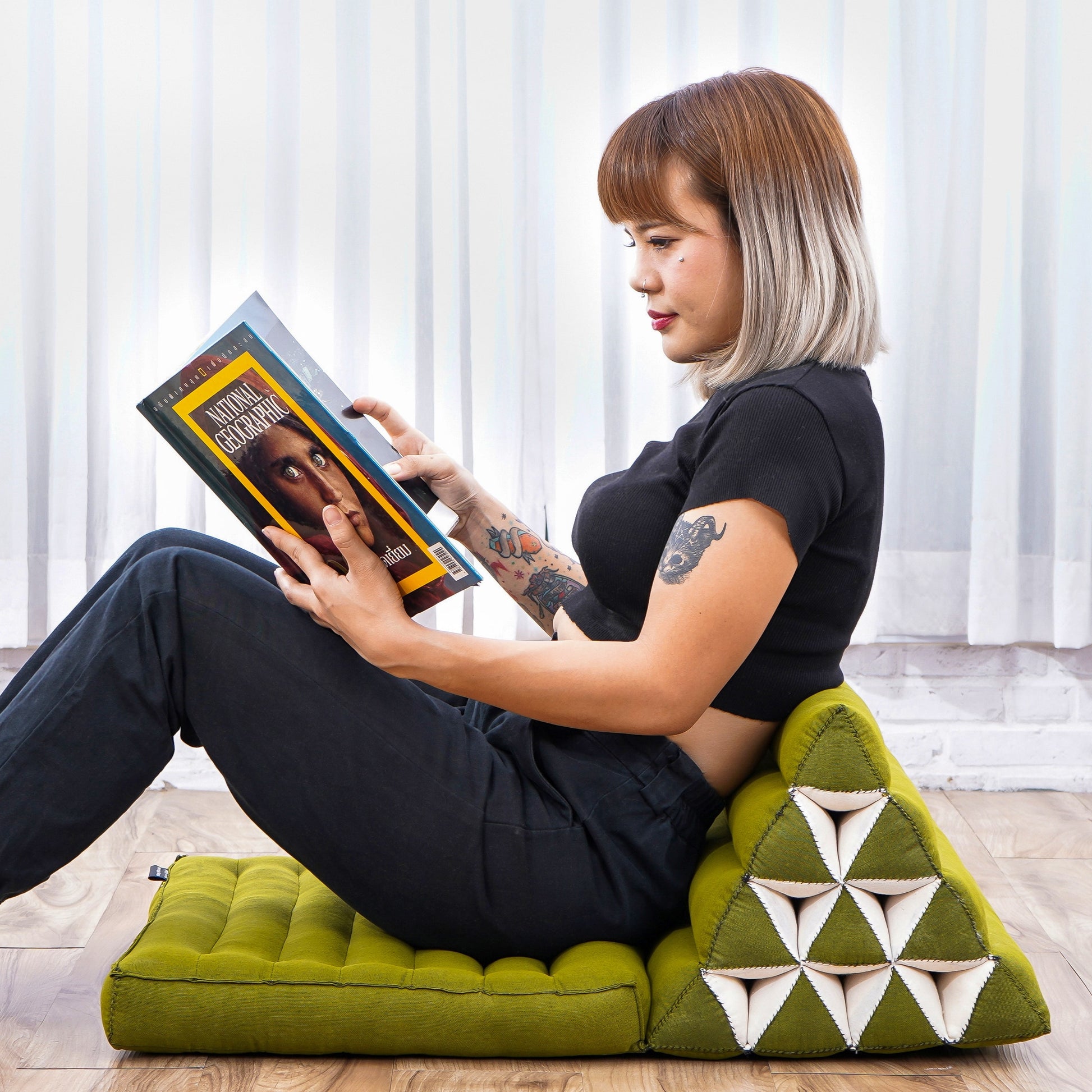 Triangular Kapok Backrest Cushion – Firm Thai Reading Pillow with Cotton Cover in Plain or Patterned Designs, Cl23 - Green, 1 seating segment