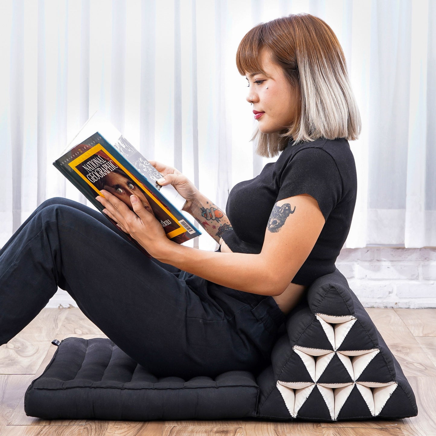 Triangular Kapok Backrest Cushion – Firm Thai Reading Pillow with Cotton Cover in Plain or Patterned Designs, Cl02 - Black, 1 seating segment