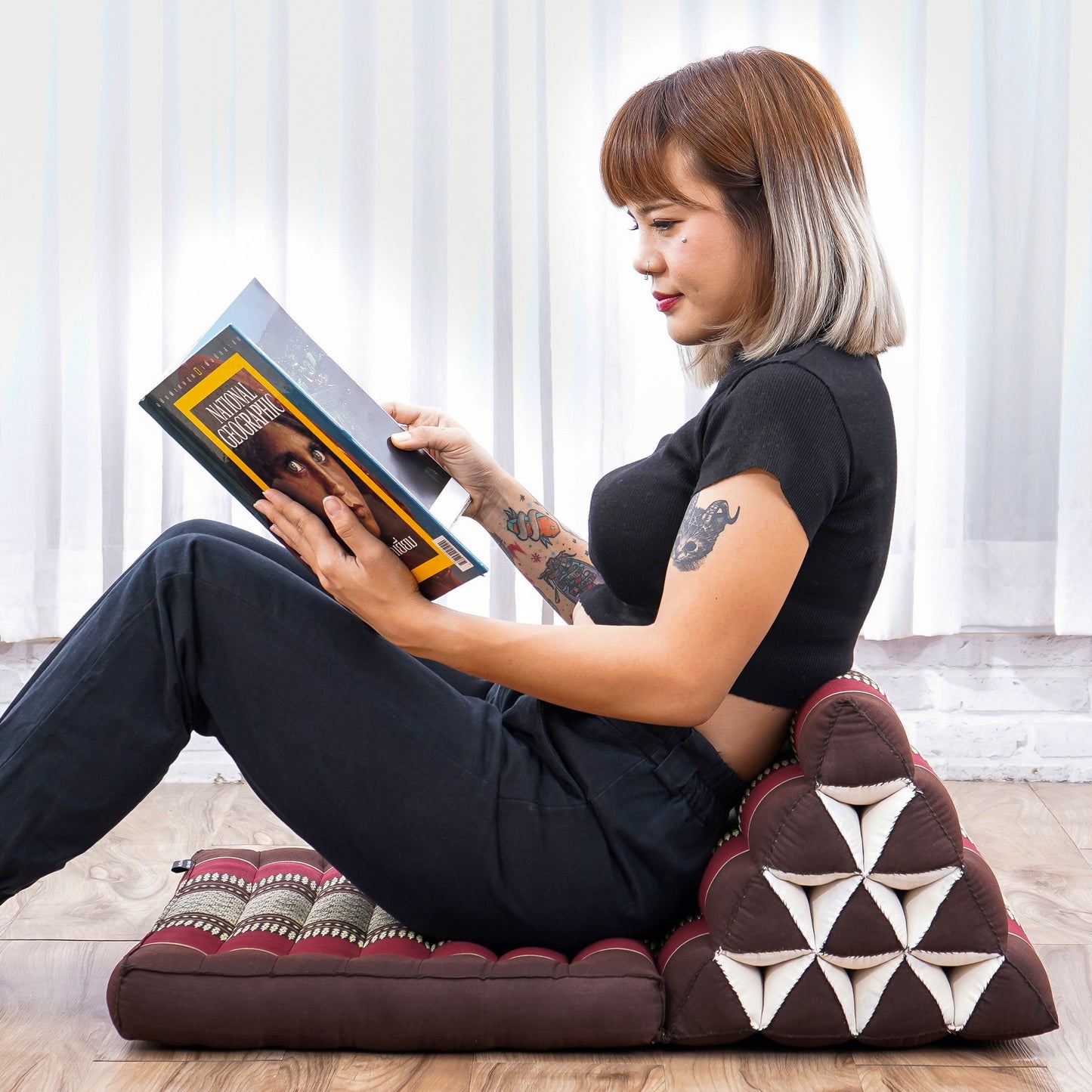 Triangular Kapok Backrest Cushion – Firm Thai Reading Pillow with Cotton Cover in Plain or Patterned Designs, Sf19 - Red, Brown, 1 seating segment