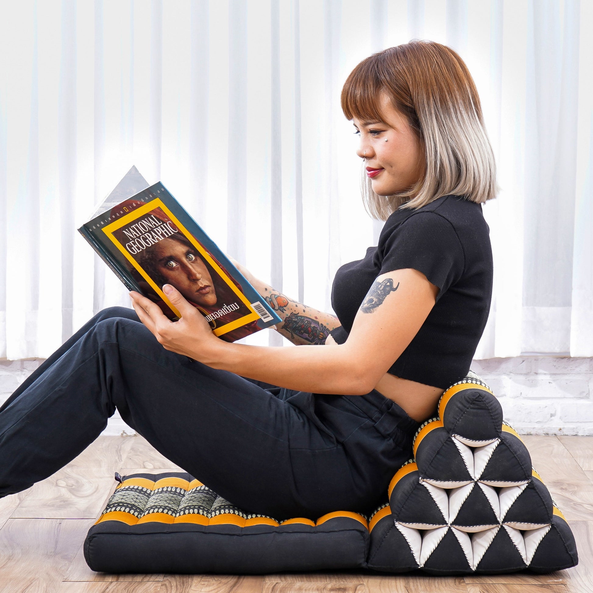 Triangular Kapok Backrest Cushion – Firm Thai Reading Pillow with Cotton Cover in Plain or Patterned Designs, Sf03 - Black, Orange, 1 seating segment