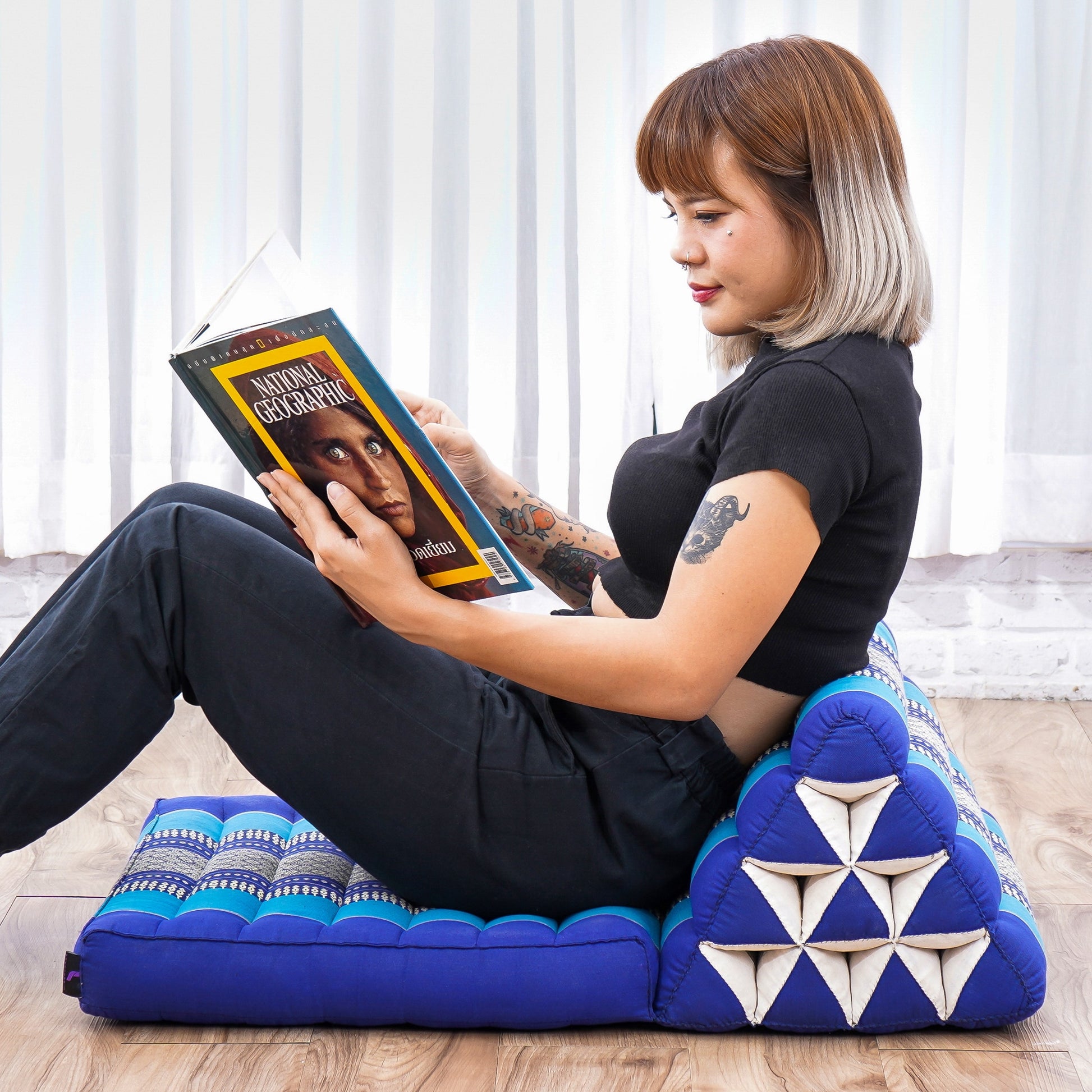 Triangular Kapok Backrest Cushion – Firm Thai Reading Pillow with Cotton Cover in Plain or Patterned Designs, Sf28 - Blue, 1 seating segment