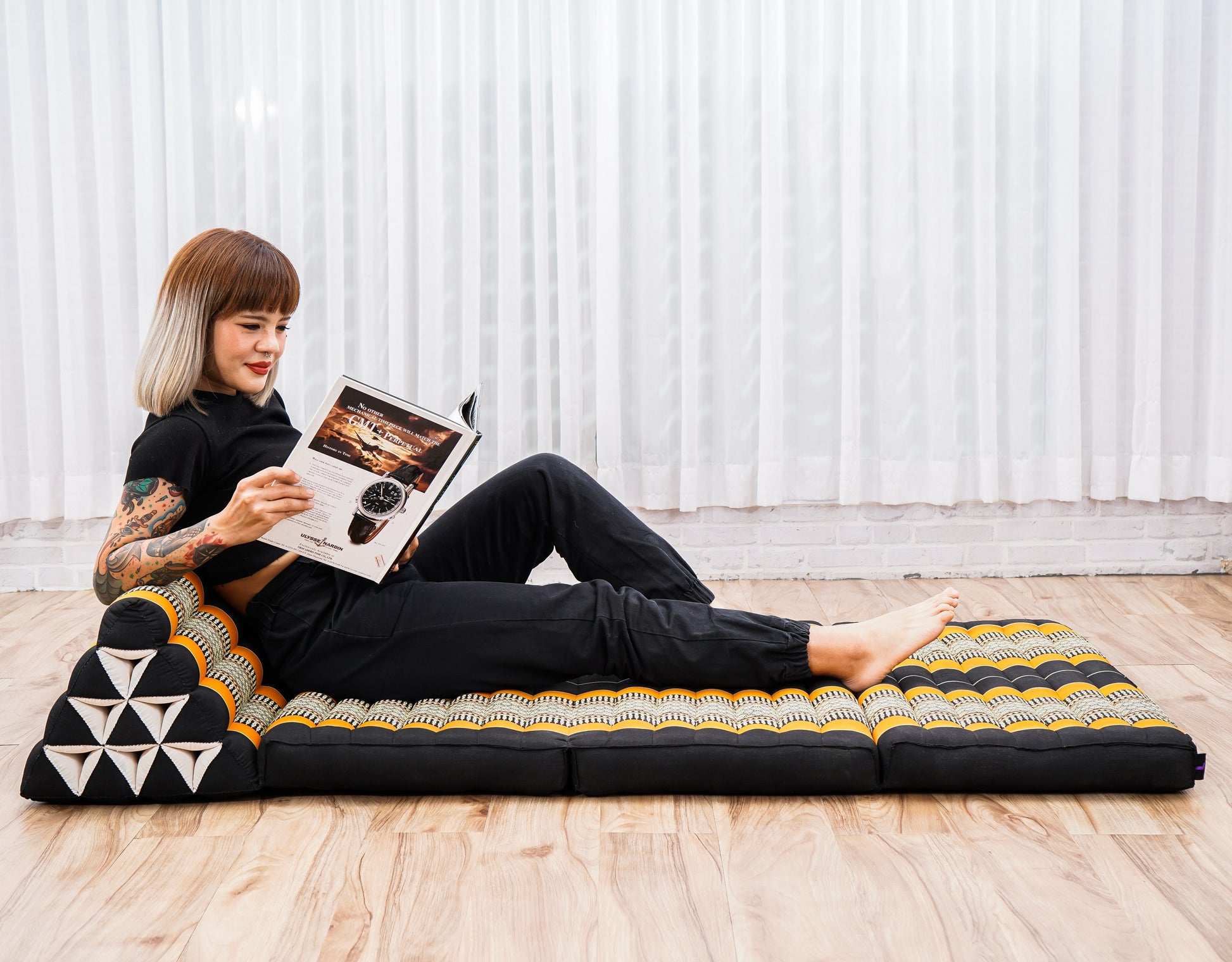 Thai Folding Mat with Triangle Cushion – Handmade Kapok Relax Mat for Sleeping, Reading & Lounging, Sf03 - Black, Orange, 3 seating segments XL