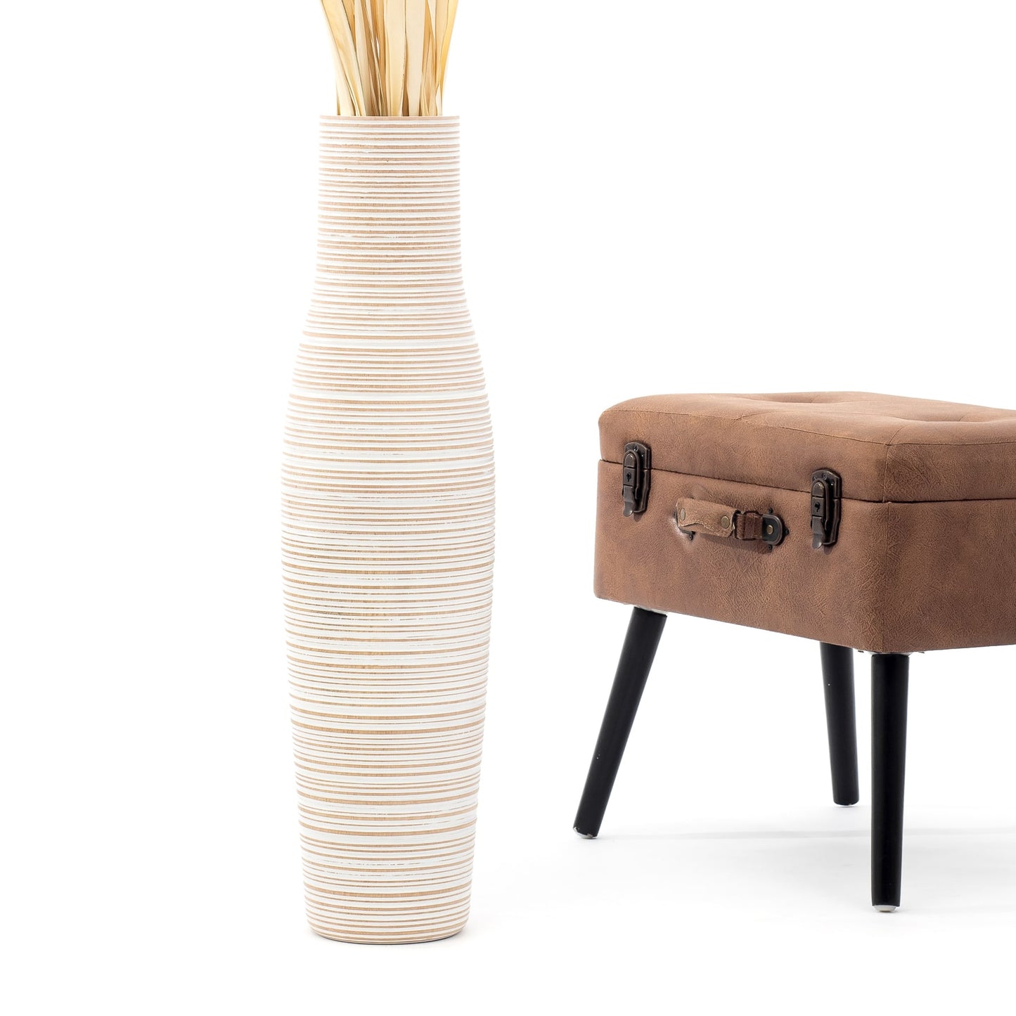 Large Mango Wood Floor Vase – Handcrafted Decorative Highlight from Thailand, white wash, 65 cm