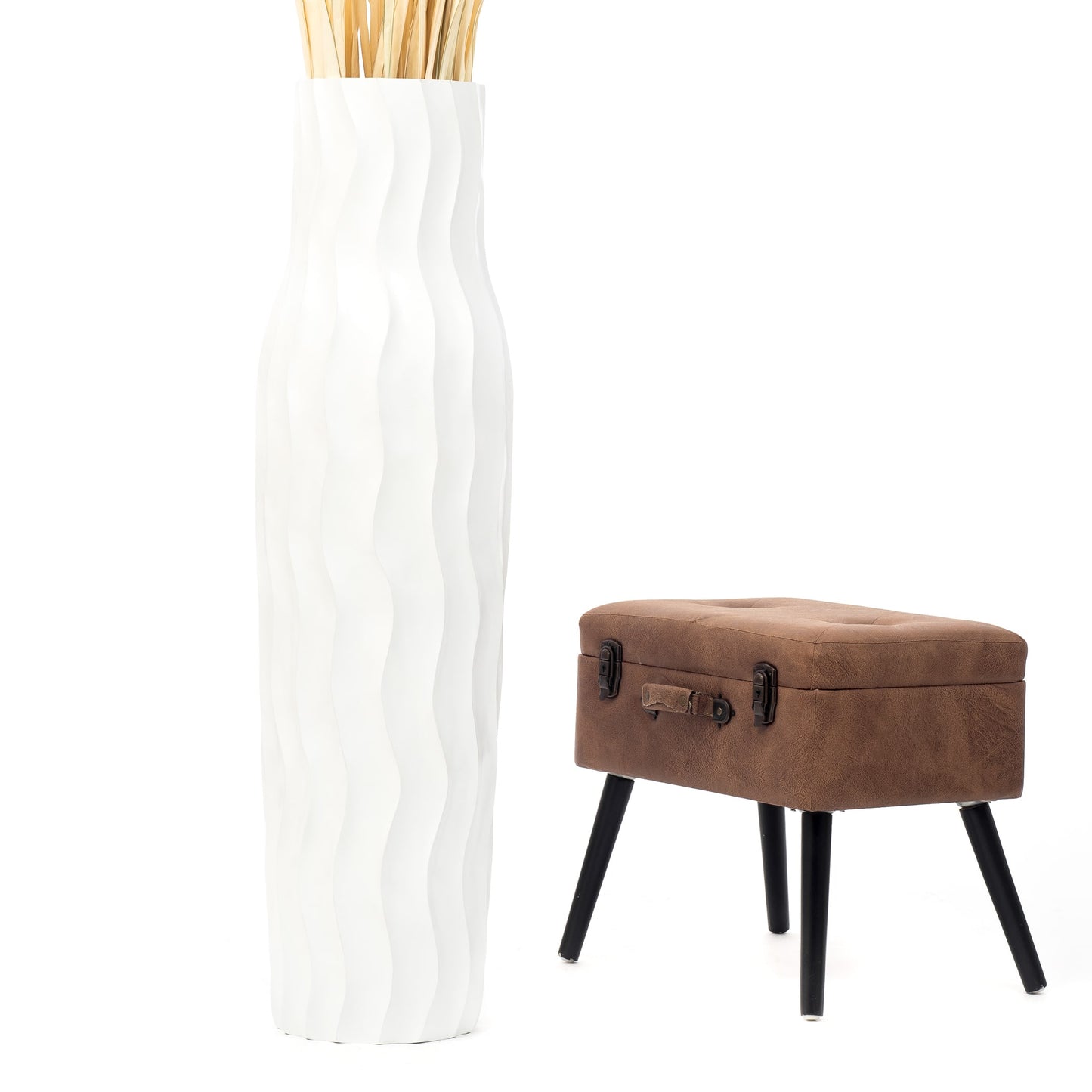 Large Mango Wood Floor Vase – Handcrafted Decorative Highlight from Thailand, white, 105 cm