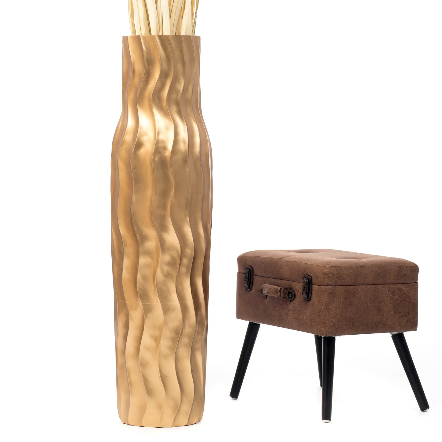 Large Mango Wood Floor Vase – Handcrafted Decorative Highlight from Thailand, gold, 105 cm