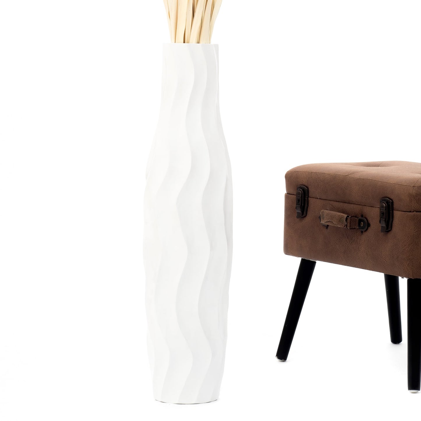Large Mango Wood Floor Vase – Handcrafted Decorative Highlight from Thailand, white, 65 cm