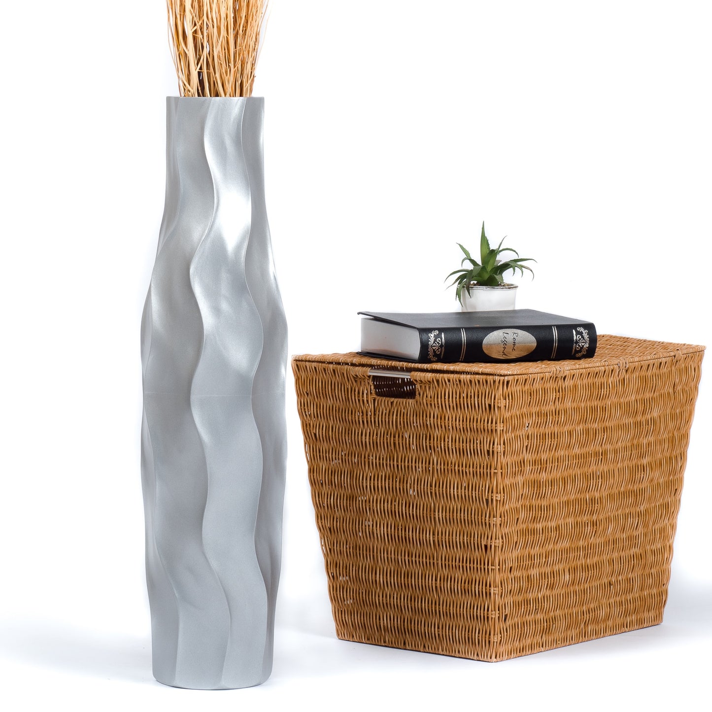 Large Mango Wood Floor Vase – Handcrafted Decorative Highlight from Thailand, silver, 65 cm