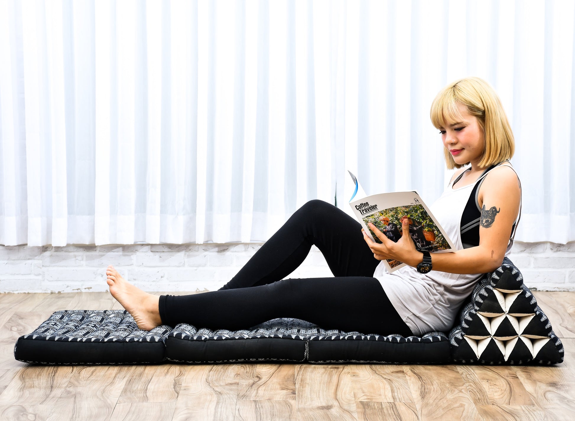 Thai Folding Mat with Triangle Cushion – Handmade Kapok Relax Mat for Sleeping, Reading & Lounging, Cbt4 - Black, 3 seating segments