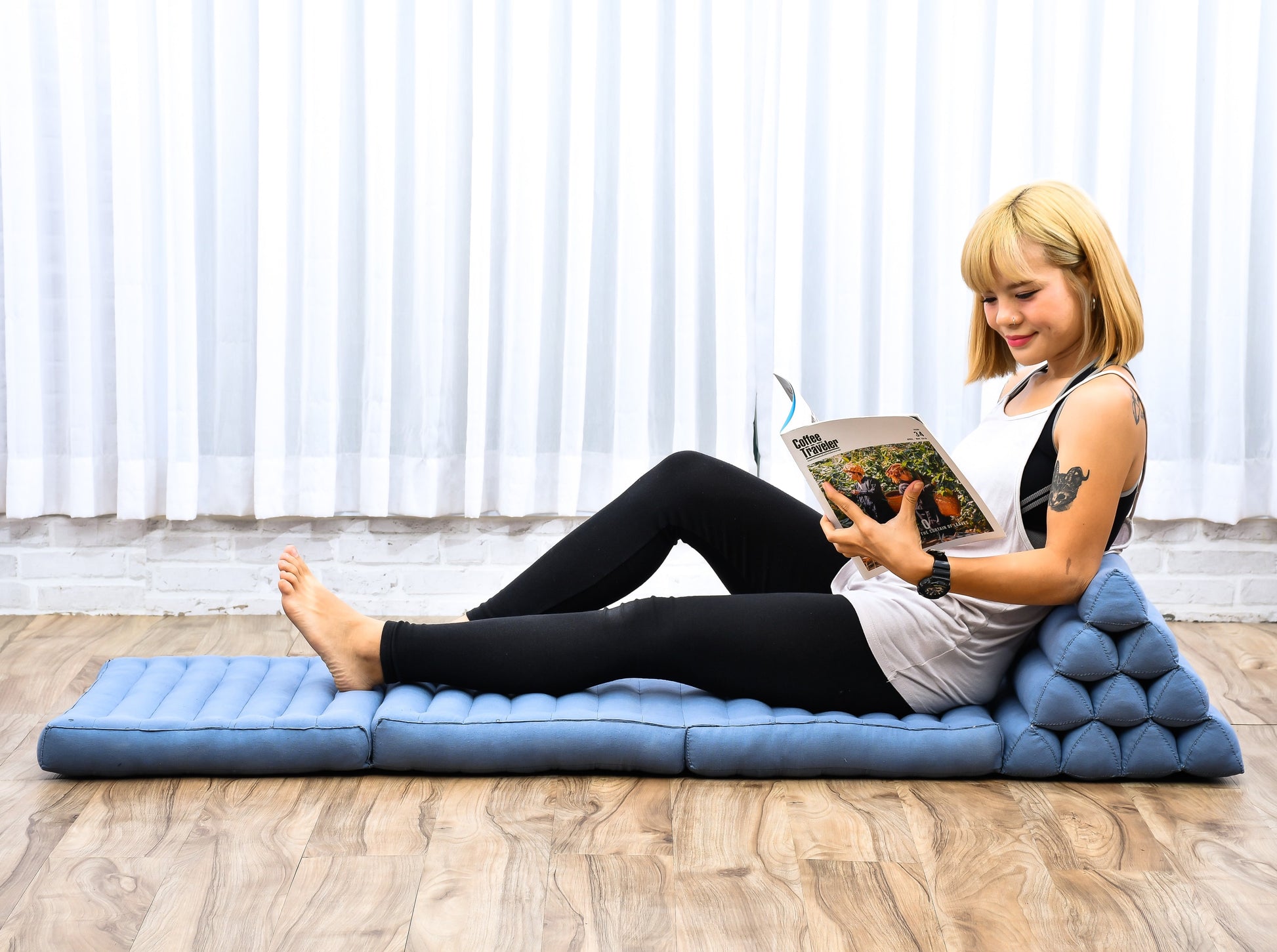 Thai Folding Mat with Triangle Cushion – Handmade Kapok Relax Mat for Sleeping, Reading & Lounging, Cl13 - Grey, 3 seating segments