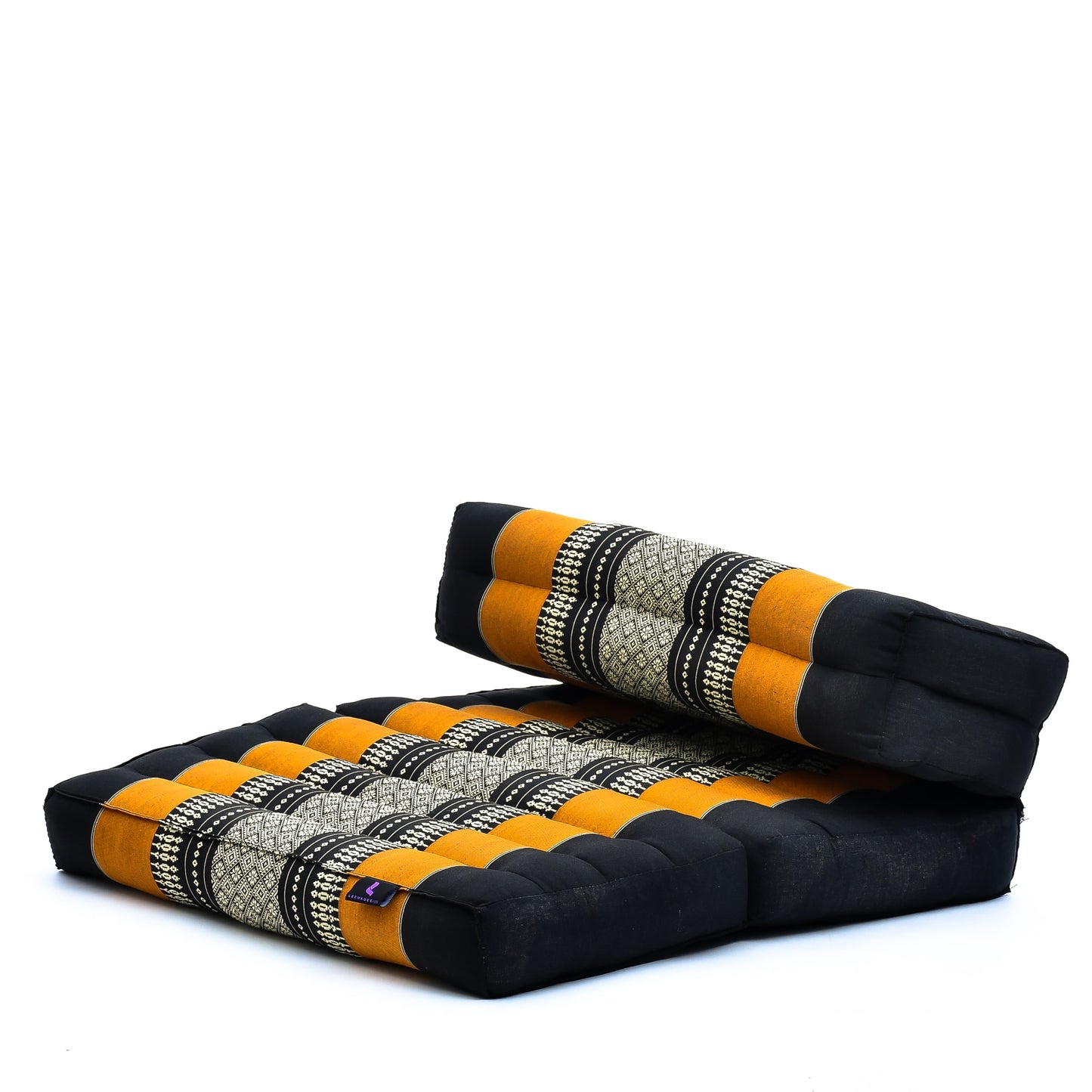 Foldable Meditation Cushion – Compact Kapok Seat with Foot Pad and Cotton Cover in Solid Colors or Thai Pattern, Sf03 - Black, Orange