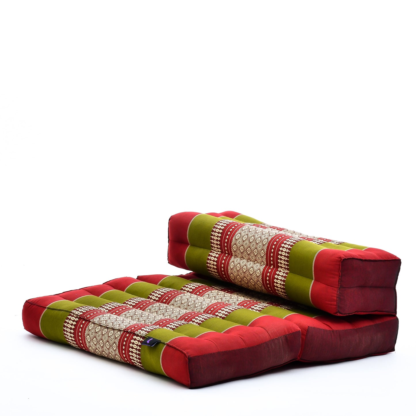 Foldable Meditation Cushion – Compact Kapok Seat with Foot Pad and Cotton Cover in Solid Colors or Thai Pattern, Sf11 - Red, Green