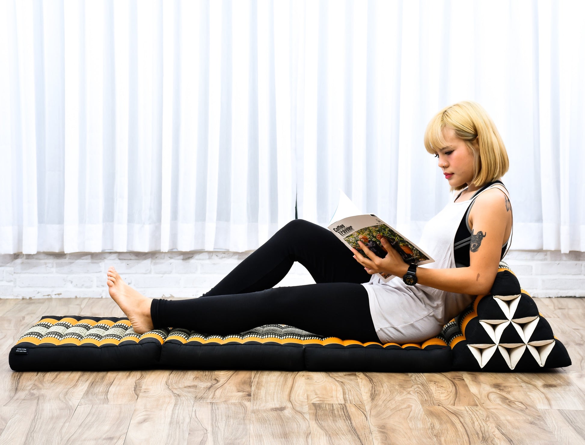 Thai Folding Mat with Triangle Cushion – Handmade Kapok Relax Mat for Sleeping, Reading & Lounging, Sf03 - Black, Orange, 3 seating segments