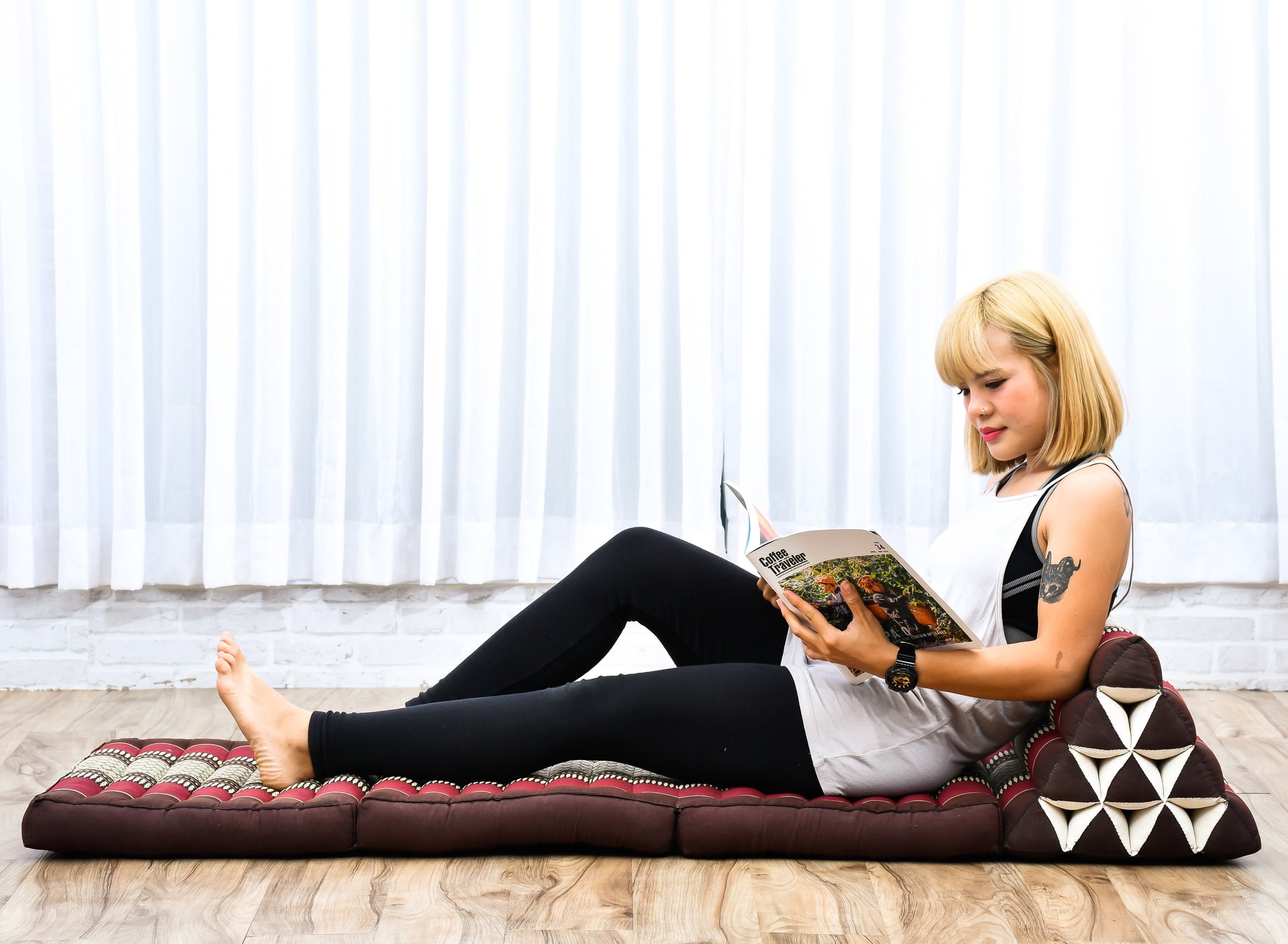 Thai Folding Mat with Triangle Cushion – Handmade Kapok Relax Mat for Sleeping, Reading & Lounging, Sf19 - Red, Brown, 3 seating segments