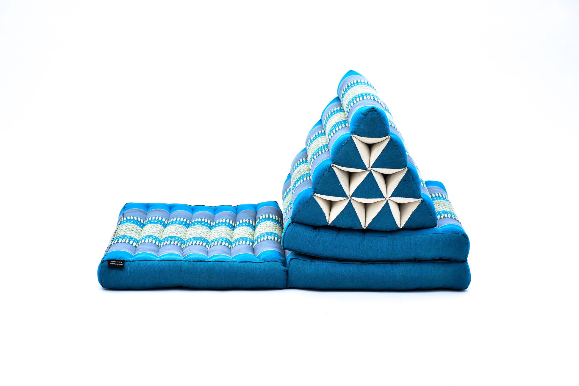 Thai Folding Mat with Triangle Cushion – Handmade Kapok Relax Mat for Sleeping, Reading & Lounging, Sf22 - Blue, 3 seating segments