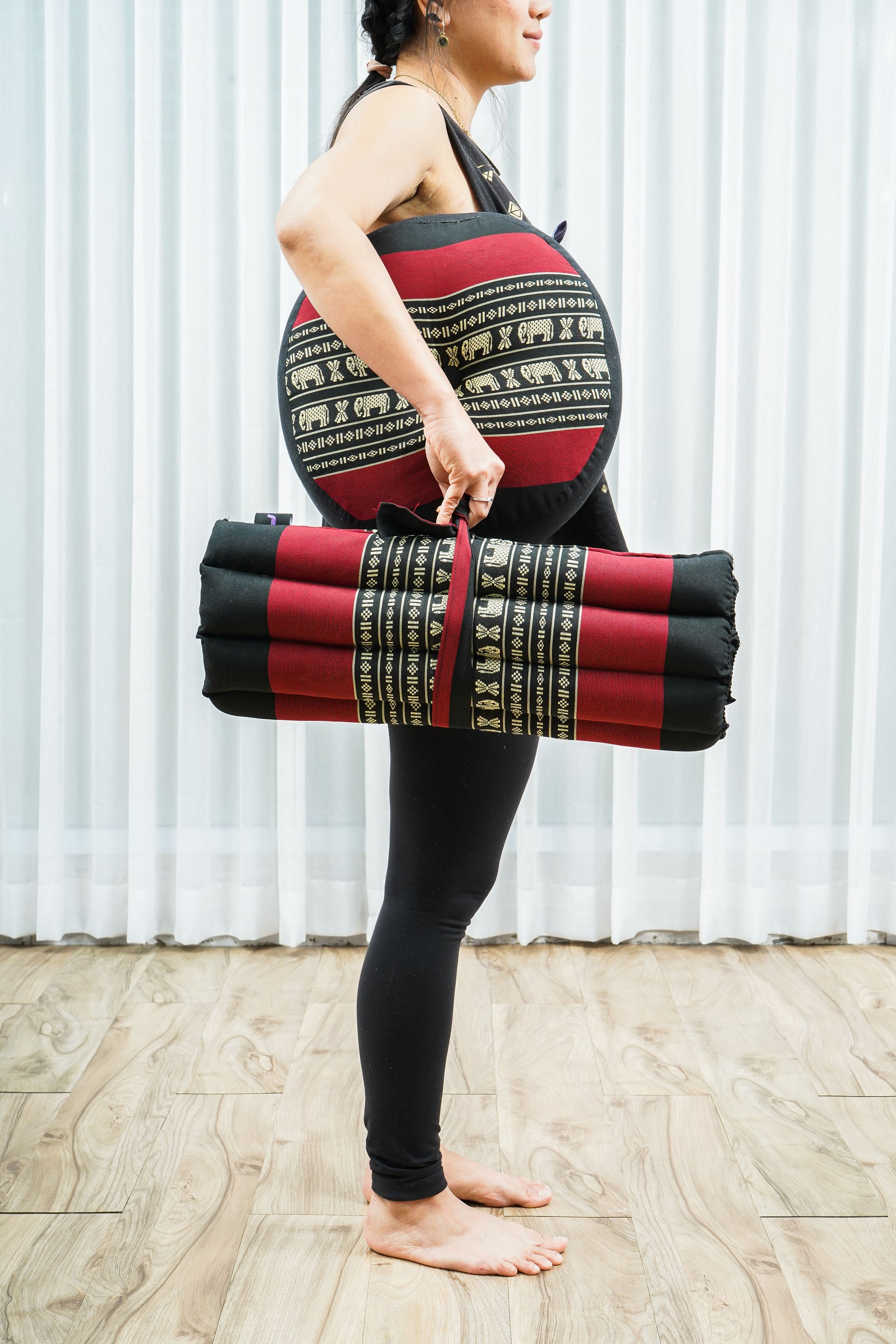 Compact Meditation Cushion Set Made of Kapok – Small Zabuton & Zafu with Cotton Cover, Sf13 - Red, Black