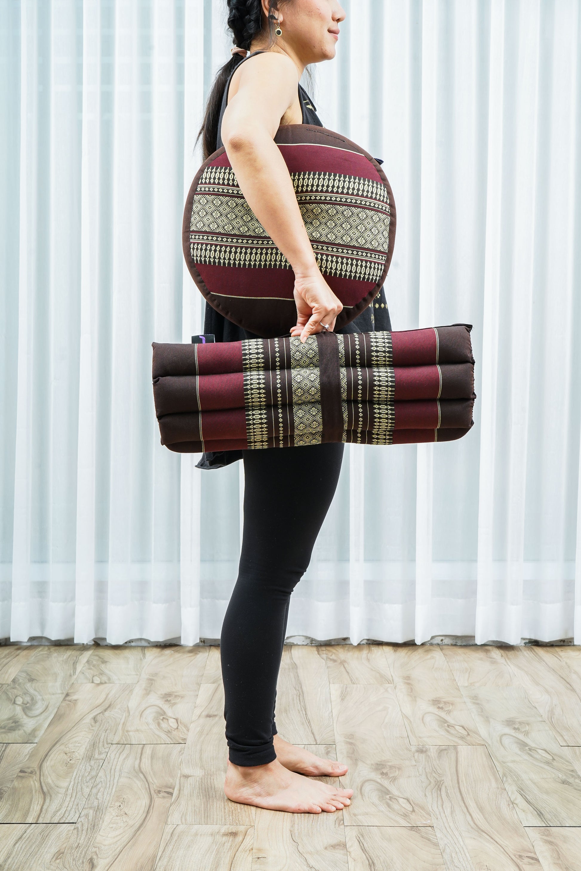 Compact Meditation Cushion Set Made of Kapok – Small Zabuton & Zafu with Cotton Cover, Sf19 - Red, Brown