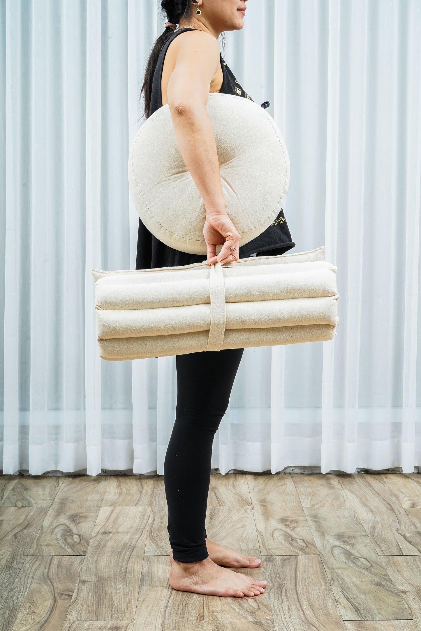 Compact Meditation Cushion Set Made of Kapok – Small Zabuton & Zafu with Cotton Cover, Cl01 - Ecru