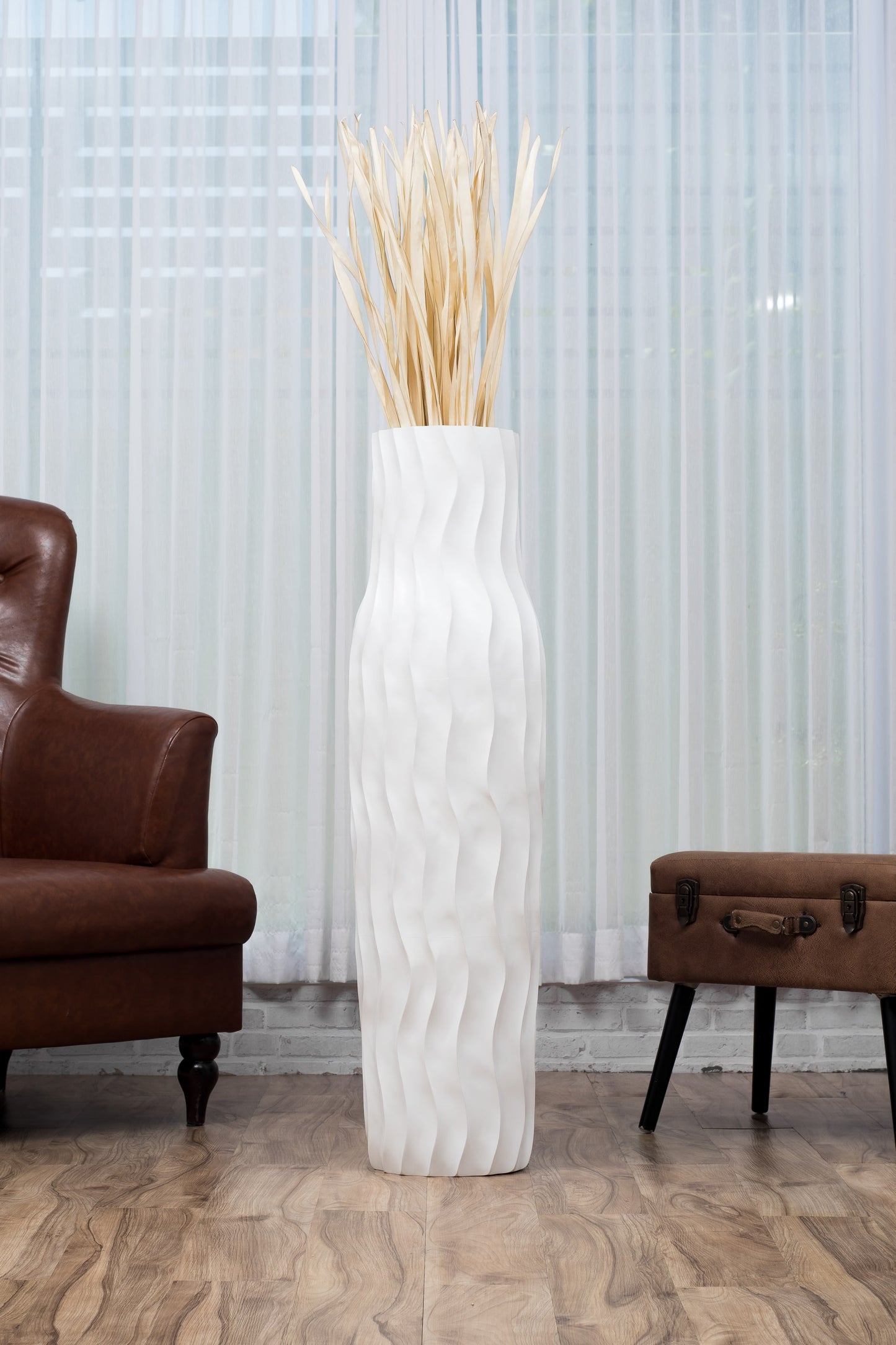 Large Mango Wood Floor Vase – Handcrafted Decorative Highlight from Thailand, white, 105 cm