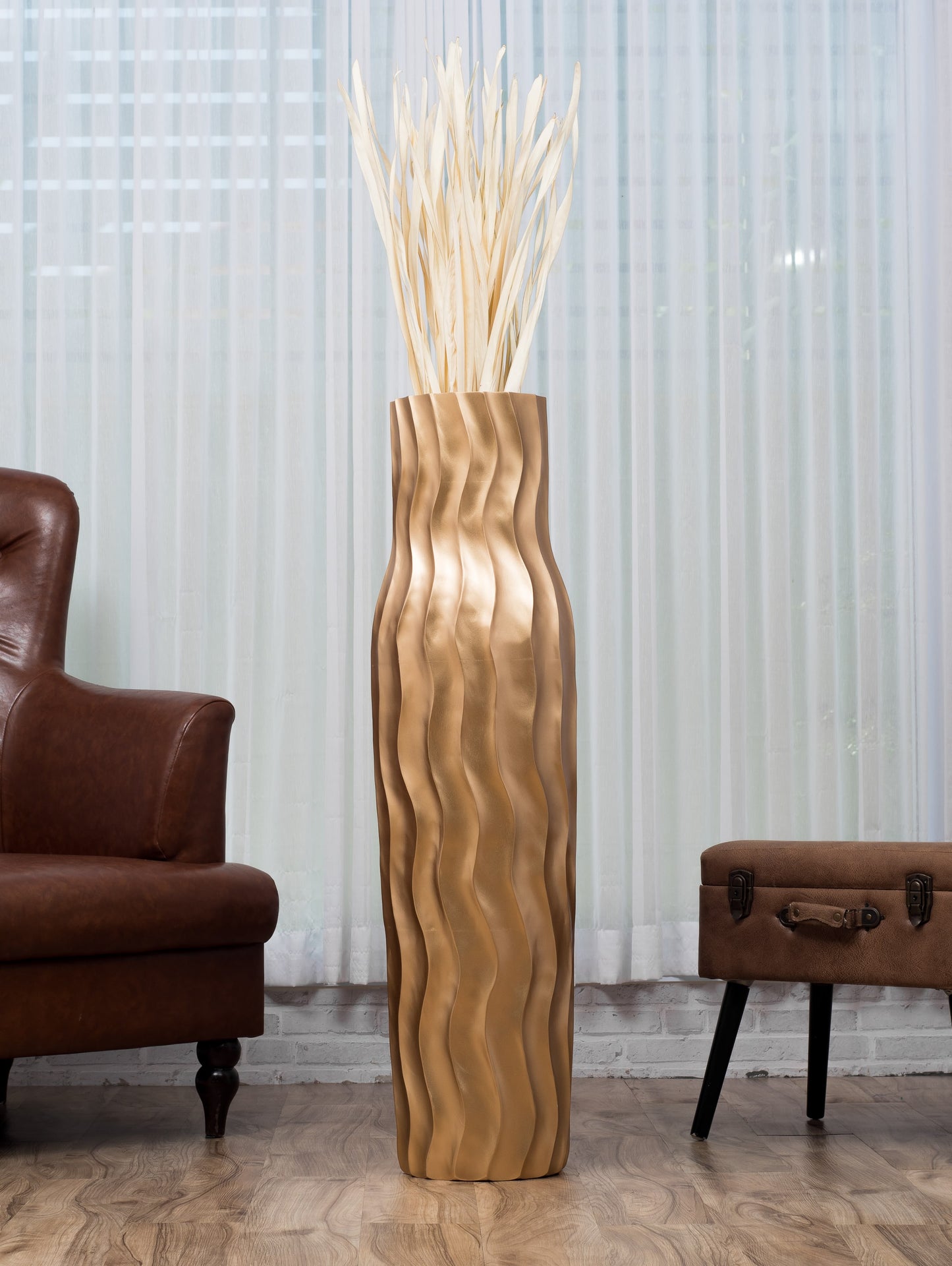 Large Mango Wood Floor Vase – Handcrafted Decorative Highlight from Thailand, gold, 105 cm
