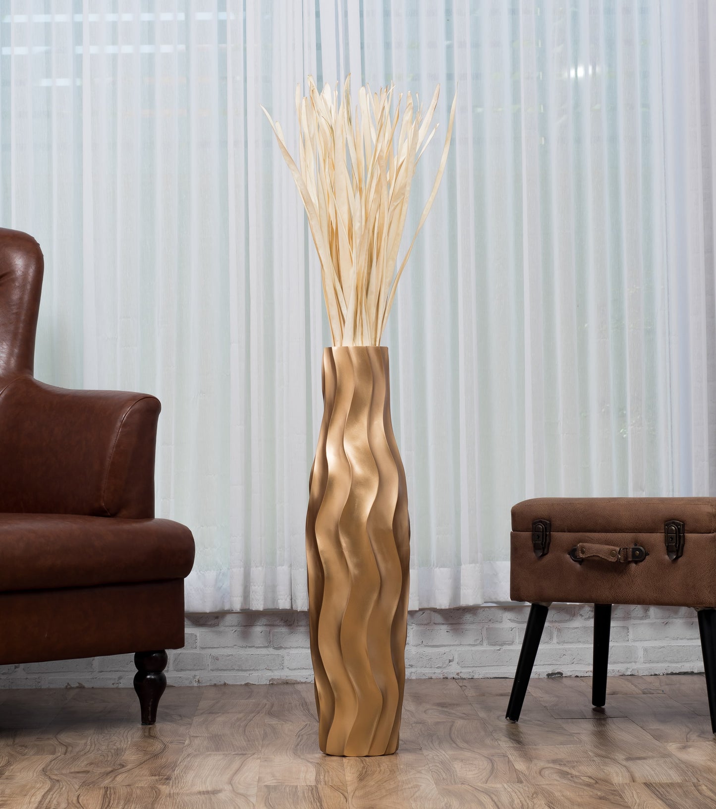 Large Mango Wood Floor Vase – Handcrafted Decorative Highlight from Thailand, gold, 65 cm
