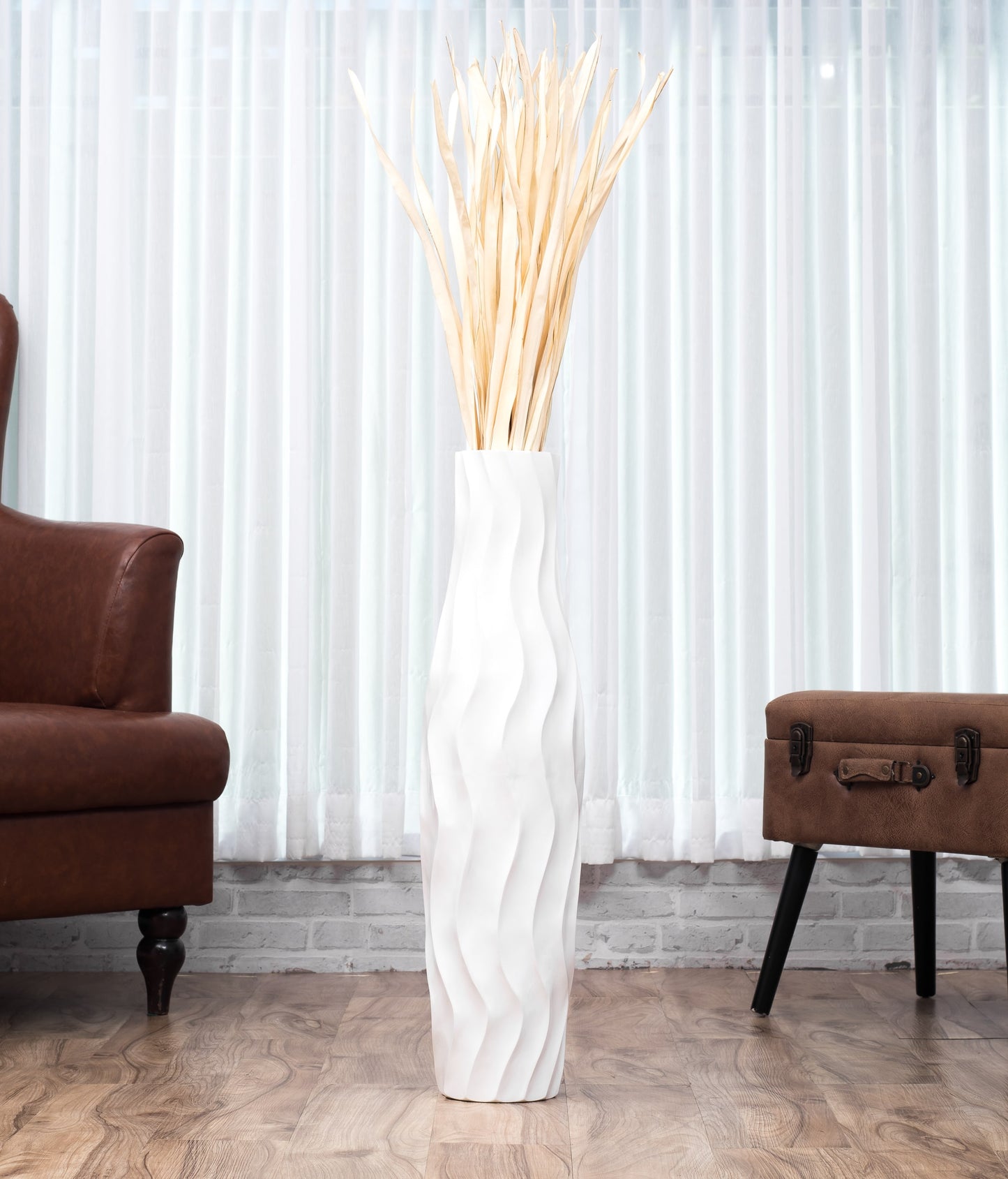 Large Mango Wood Floor Vase – Handcrafted Decorative Highlight from Thailand, white, 65 cm