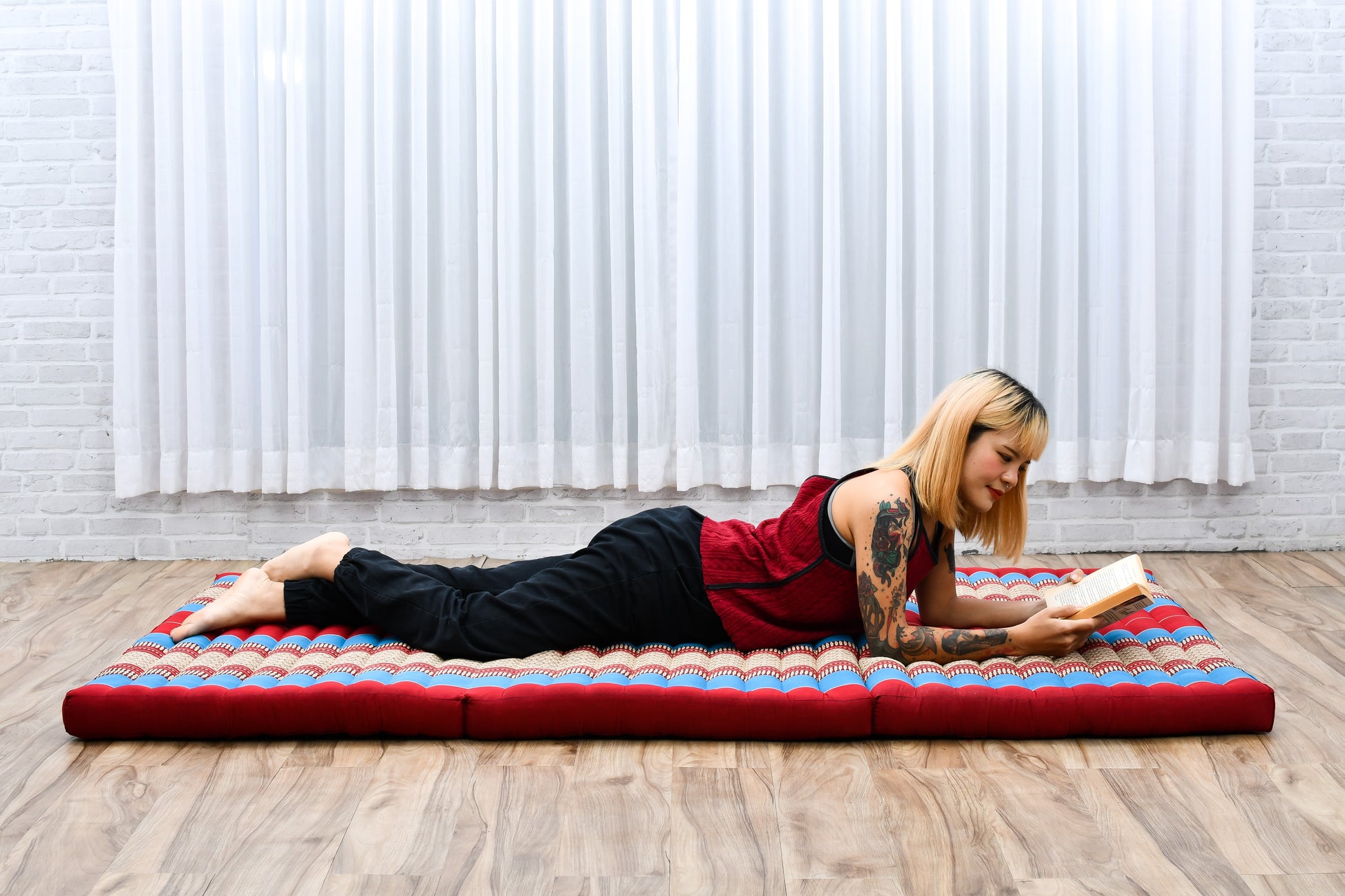 Kapok Folding Mattress – Thick Cotton Padded Guest Bed for Home, Sleeping & Mindfulness Corner, Sf27 - Blue, Red, L: 200x100 cm