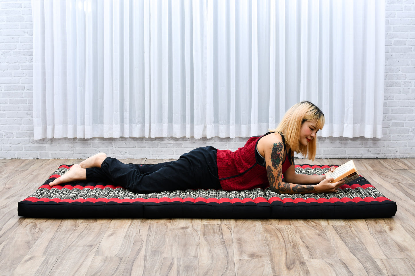 Kapok Folding Mattress – Thick Cotton Padded Guest Bed for Home, Sleeping & Mindfulness Corner, Sf13 - Red, Black, L: 200x100 cm