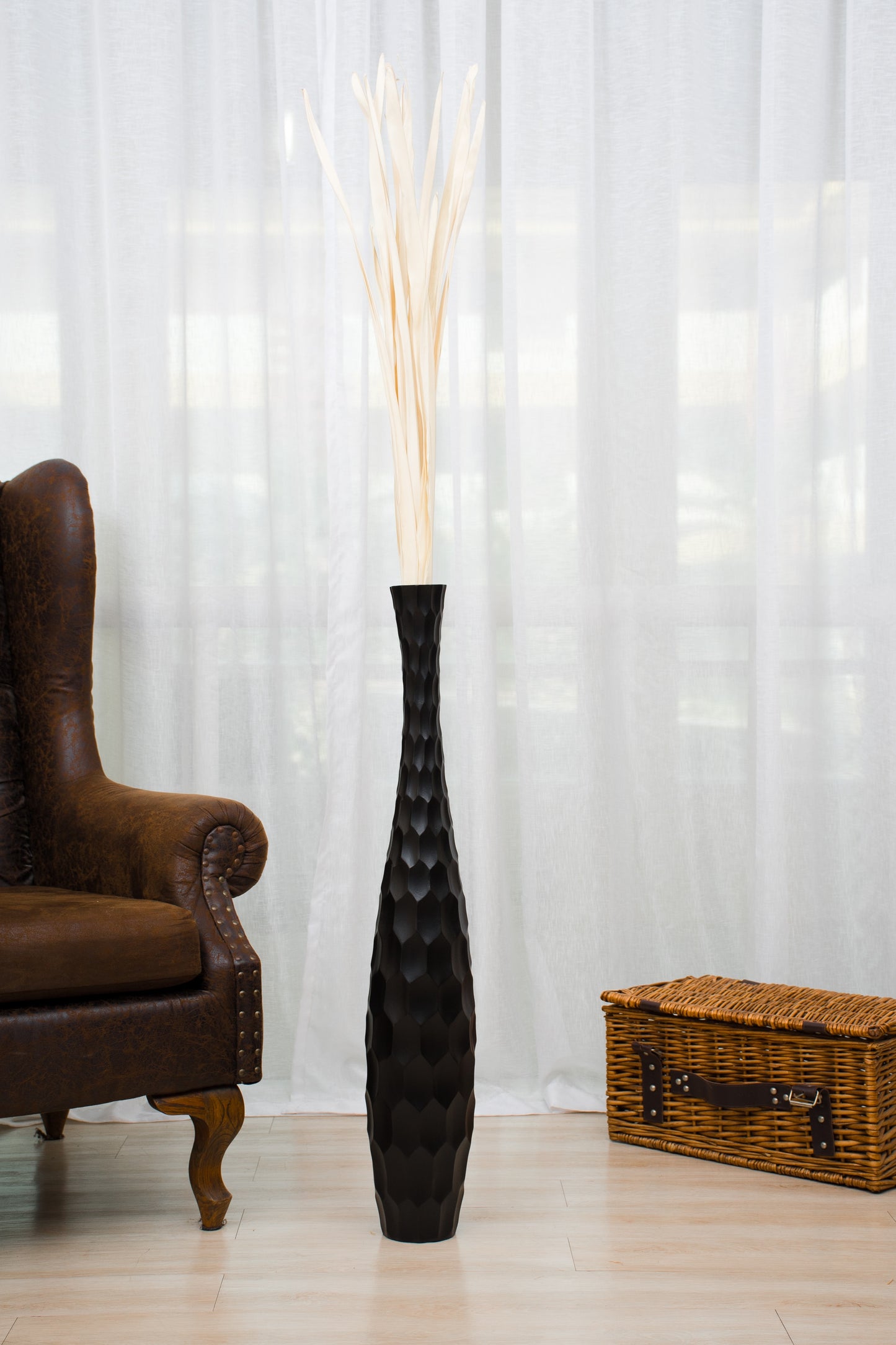 Large Mango Wood Floor Vase – Handcrafted Decorative Highlight from Thailand, black, 85 cm