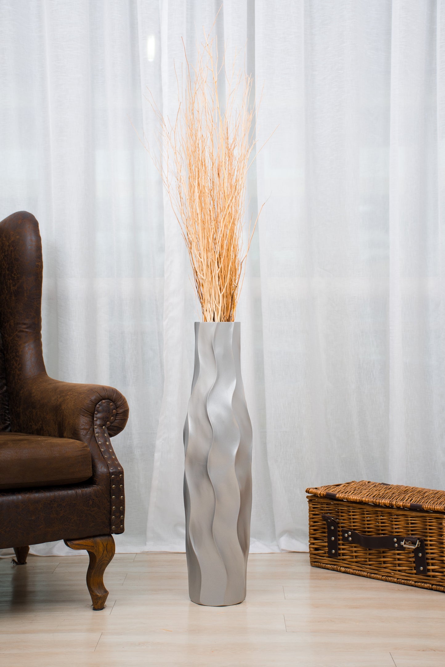 Large Mango Wood Floor Vase – Handcrafted Decorative Highlight from Thailand, silver, 65 cm