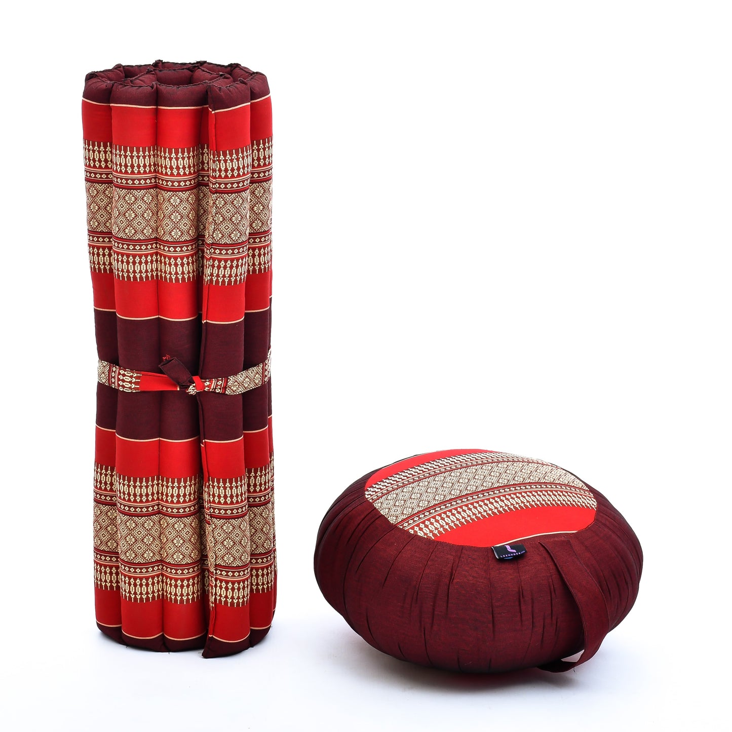 Kapok Meditation Cushion Set – Zabuton Mat & Zafu Seat Cushion with Cotton Cover, Sf24 - Red, Brown