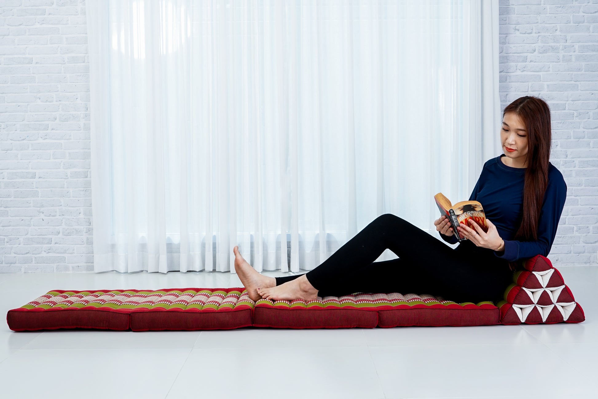 Thai Folding Mat with Triangle Cushion – Handmade Kapok Relax Mat for Sleeping, Reading & Lounging, Sf11 - Red, Green, 4 seating segments