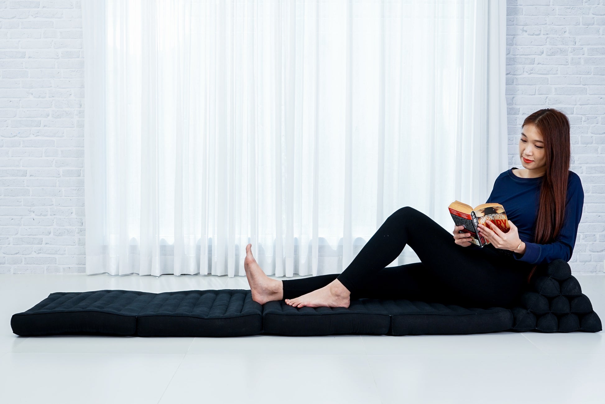 Thai Folding Mat with Triangle Cushion – Handmade Kapok Relax Mat for Sleeping, Reading & Lounging, Cl02 - Black, 4 seating segments