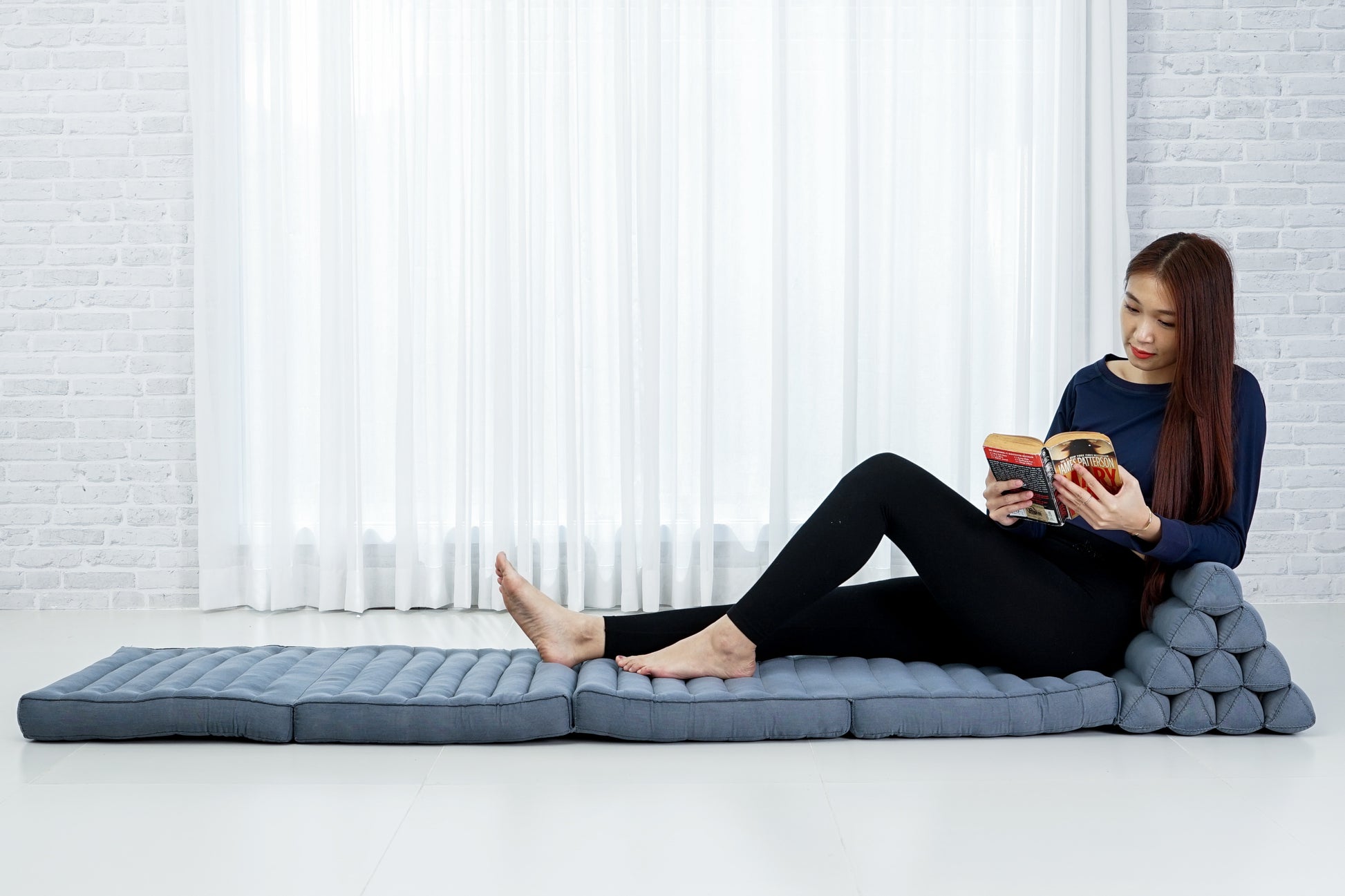 Thai Folding Mat with Triangle Cushion – Handmade Kapok Relax Mat for Sleeping, Reading & Lounging, Cl13 - Grey, 4 seating segments