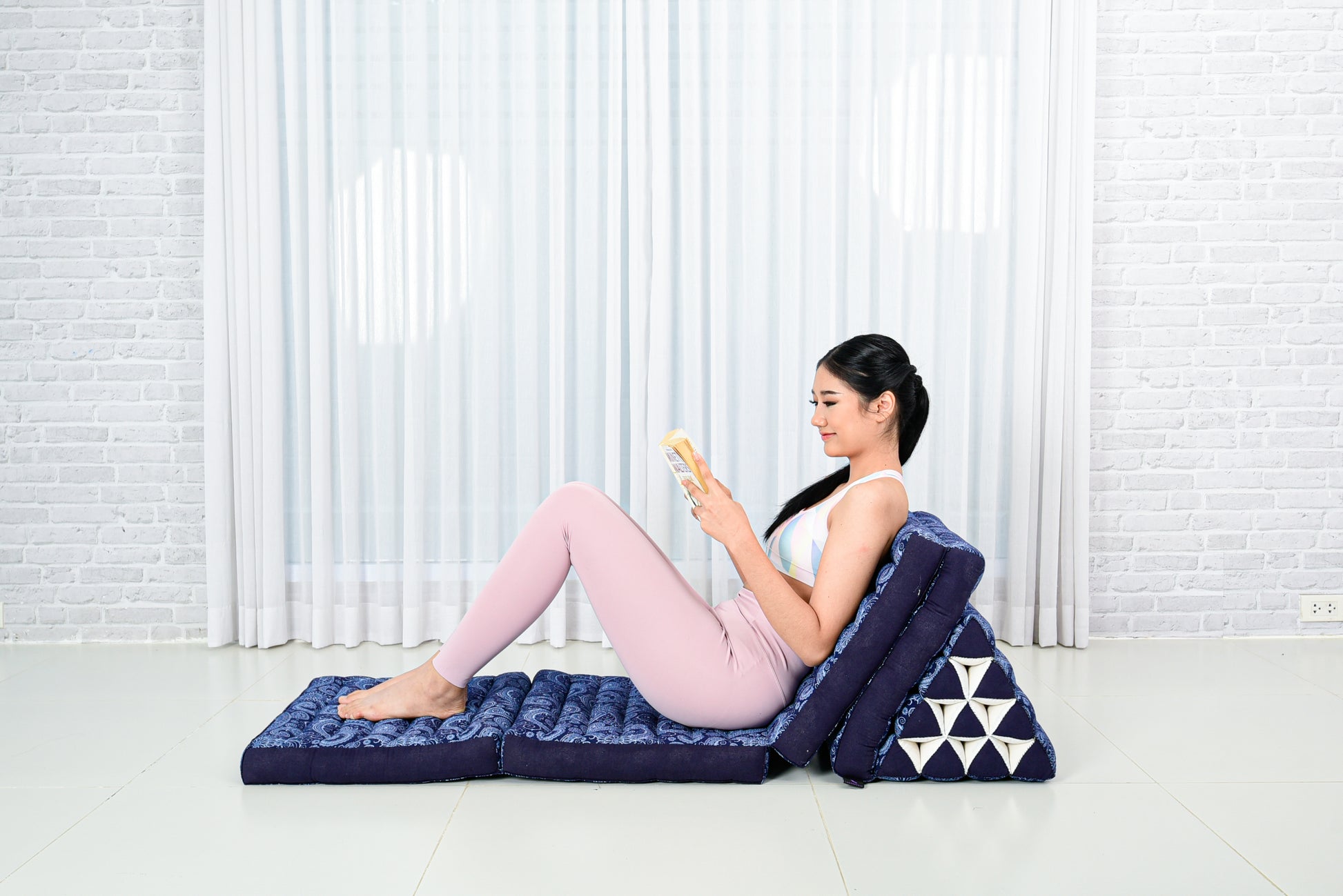 Thai Folding Mat with Triangle Cushion – Handmade Kapok Relax Mat for Sleeping, Reading & Lounging, Cbt1 - Blue, 4 seating segments