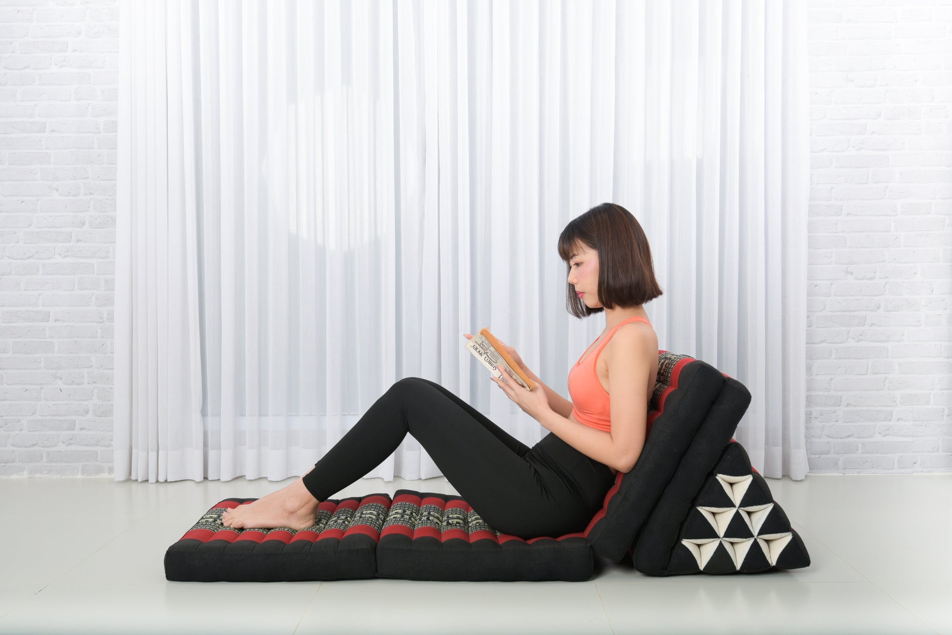 Thai Folding Mat with Triangle Cushion – Handmade Kapok Relax Mat for Sleeping, Reading & Lounging, Sf13 - Red, Black, 4 seating segments