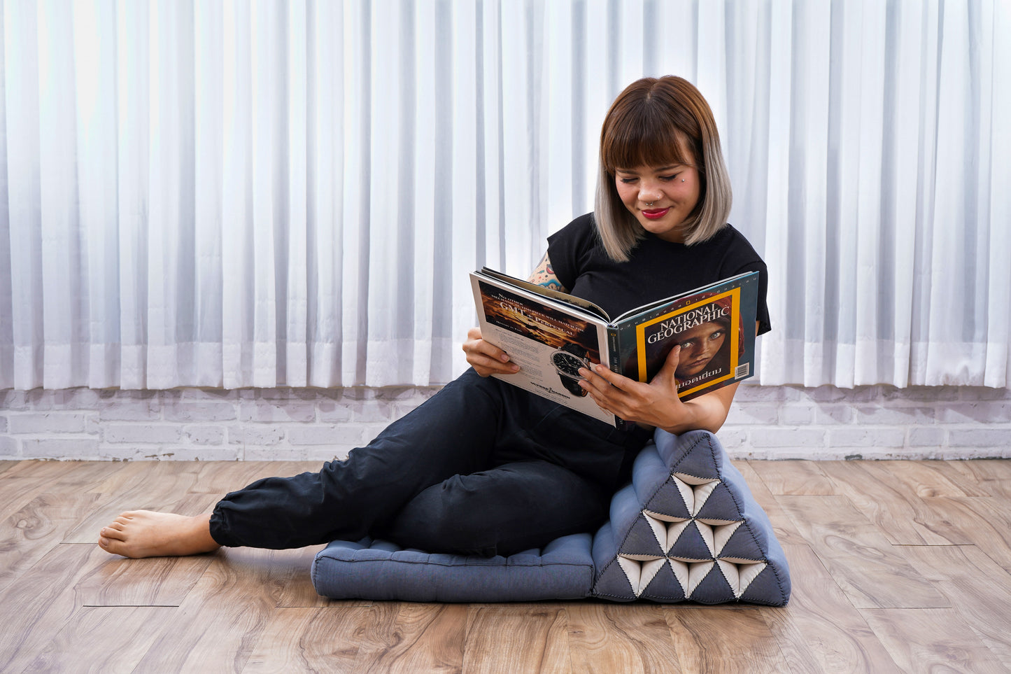 Triangular Kapok Backrest Cushion – Firm Thai Reading Pillow with Cotton Cover in Plain or Patterned Designs, Cl13 - Grey, 1 seating segment