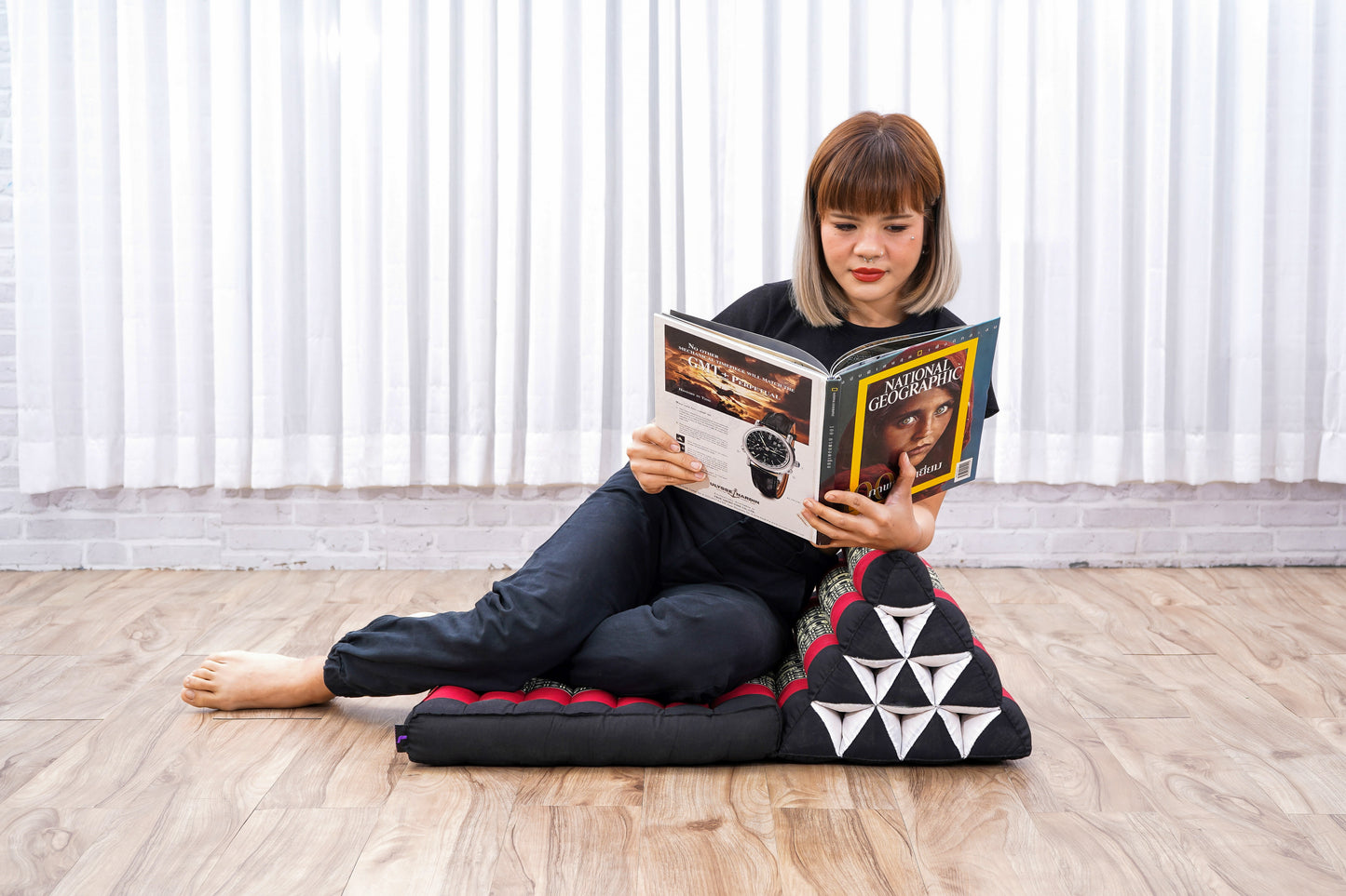 Triangular Kapok Backrest Cushion – Firm Thai Reading Pillow with Cotton Cover in Plain or Patterned Designs, Sf13 - Red, Black, 1 seating segment