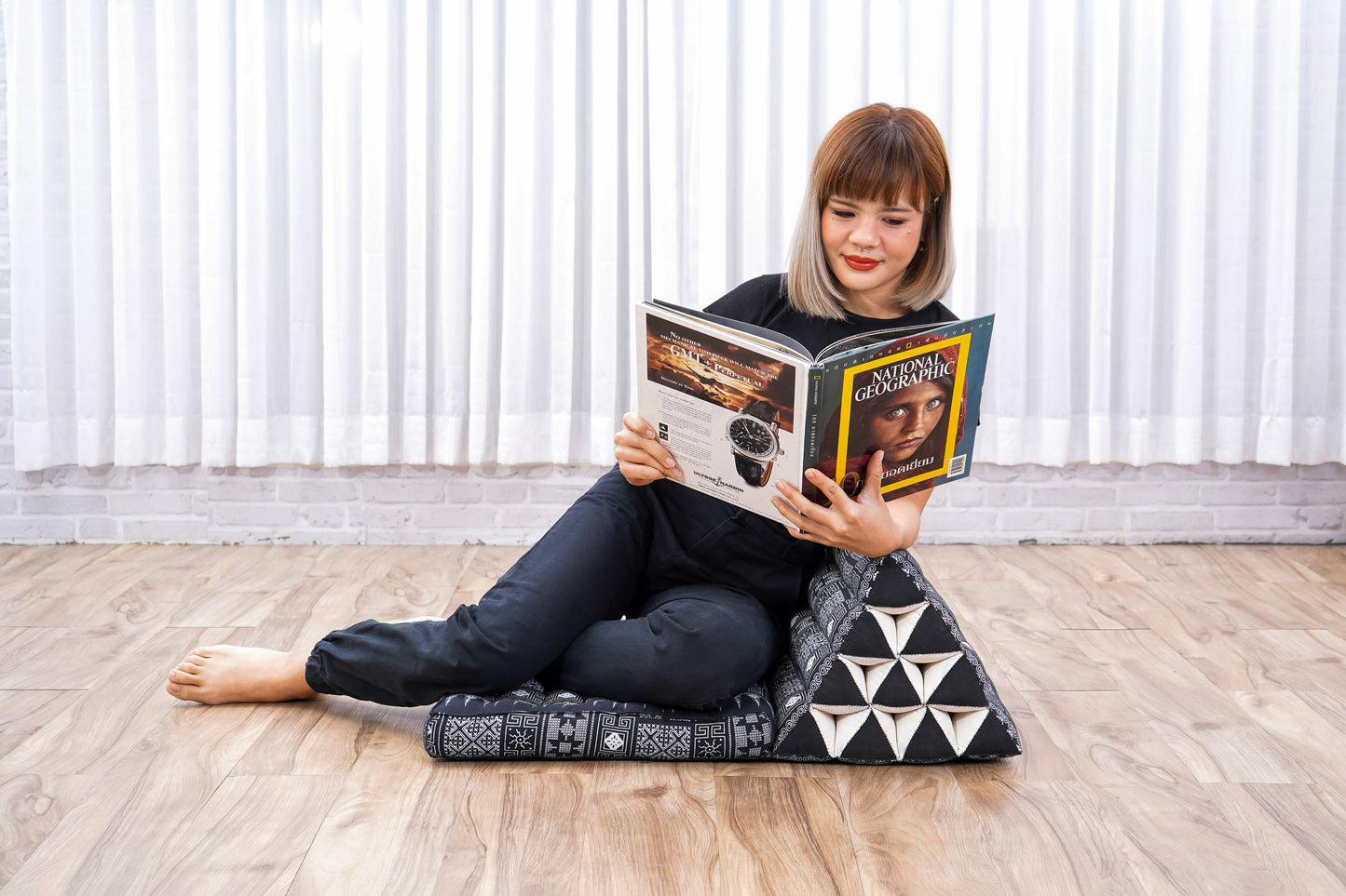 Triangular Kapok Backrest Cushion – Firm Thai Reading Pillow with Cotton Cover in Plain or Patterned Designs, Cbt4 - Black, 1 seating segment