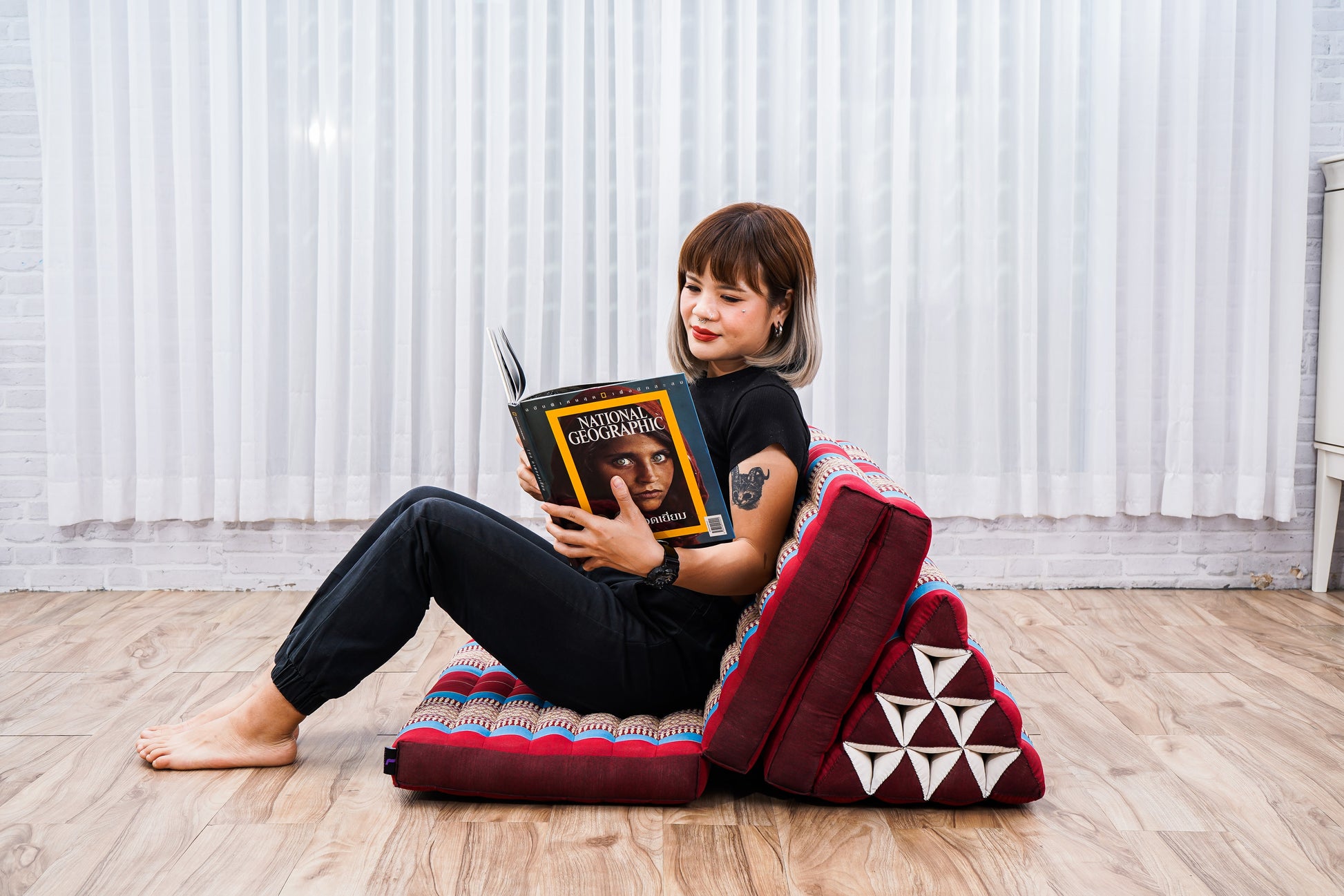 Thai Folding Mat with Triangle Cushion – Handmade Kapok Relax Mat for Sleeping, Reading & Lounging, Sf27 - Blue, Red, 3 seating segments XL