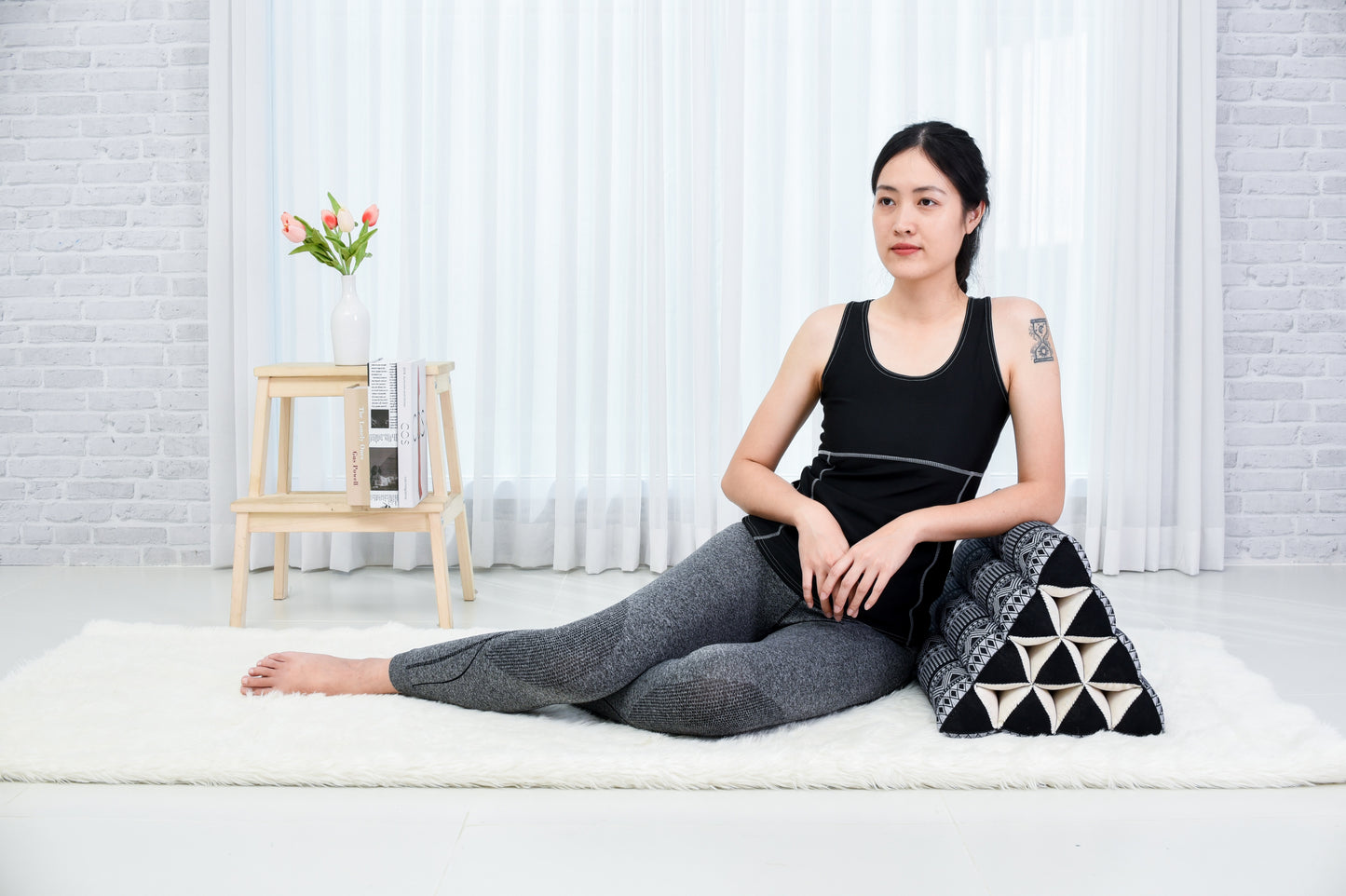 Triangular Kapok Backrest Cushion – Firm Thai Reading Pillow with Cotton Cover in Plain or Patterned Designs, Cbt3 - Black, triangle cushion