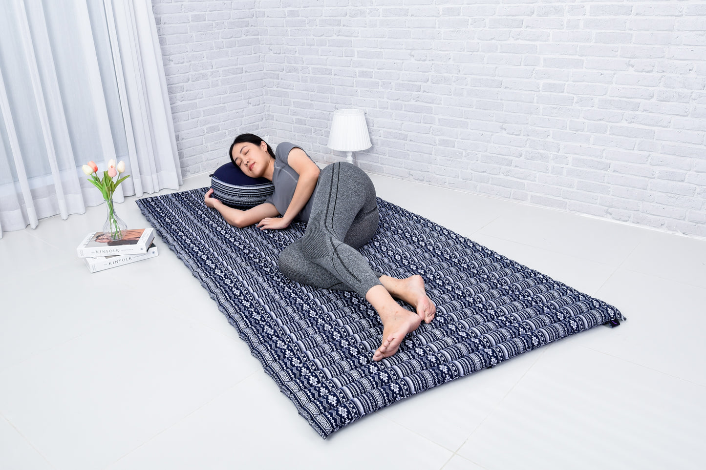 Kapok Roll-Up Mattress – Foldable Sleeping & Relax Mat with Cotton Cover for Home & Outdoor Use, Cbt2 - Dark Blue, L: 190x100 cm