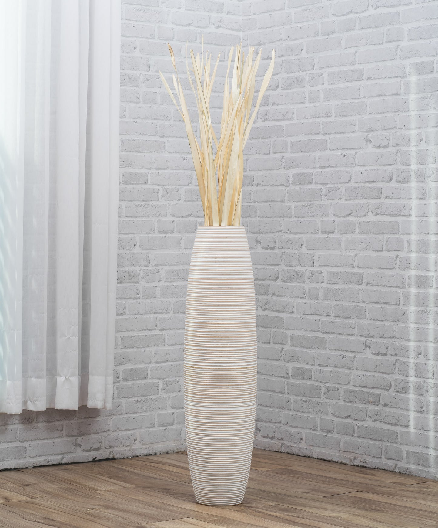 Large Mango Wood Floor Vase – Handcrafted Decorative Highlight from Thailand, white wash, 65 cm