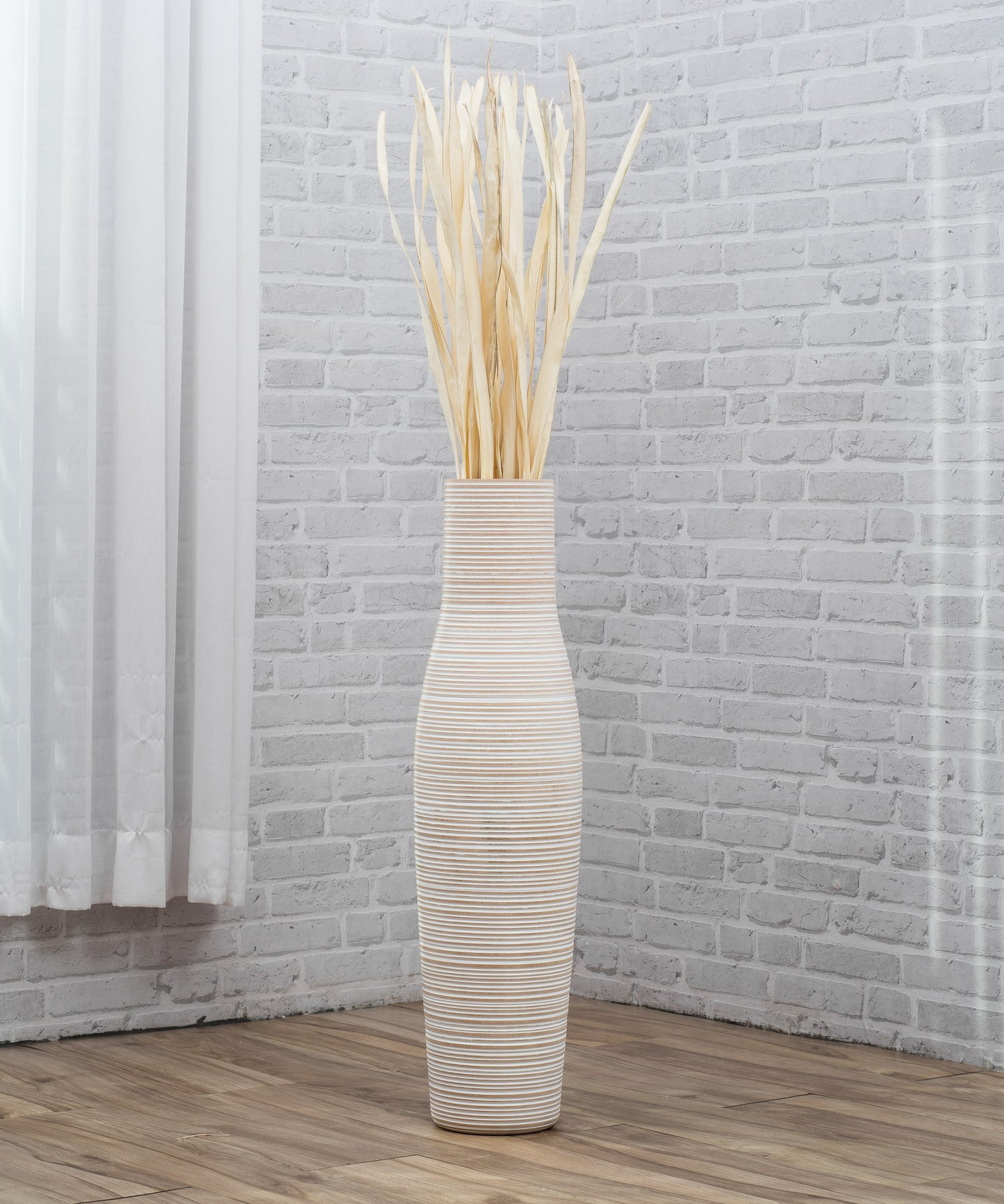Large Mango Wood Floor Vase – Handcrafted Decorative Highlight from Thailand, white wash, 65 cm