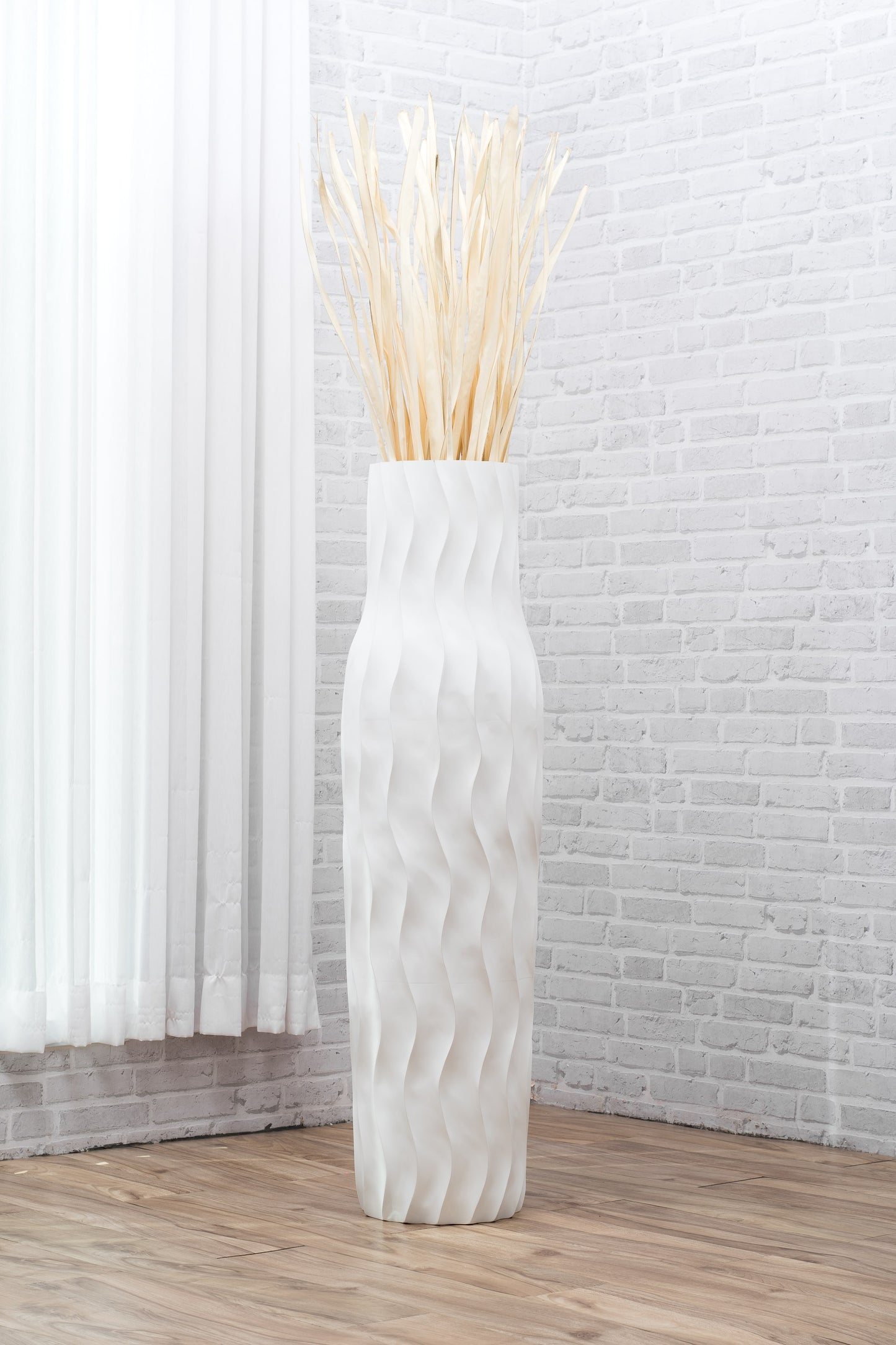 Large Mango Wood Floor Vase – Handcrafted Decorative Highlight from Thailand, white, 105 cm